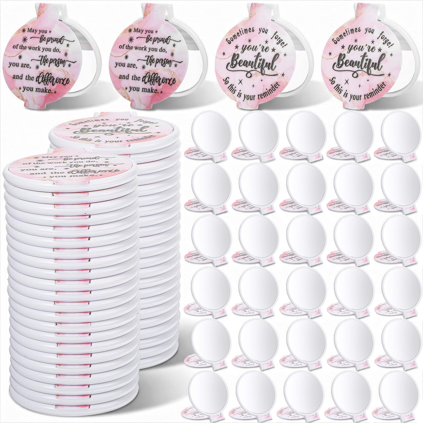 100pcs Light Pink Compact Mirror Bulk Gifts for Women, Mini Inspirational Purse Handheld Makeup Pocket Mirror, Round Portable Makeup Folding Mirrors Gift for Christmas Valentine Daily Travel Coworker