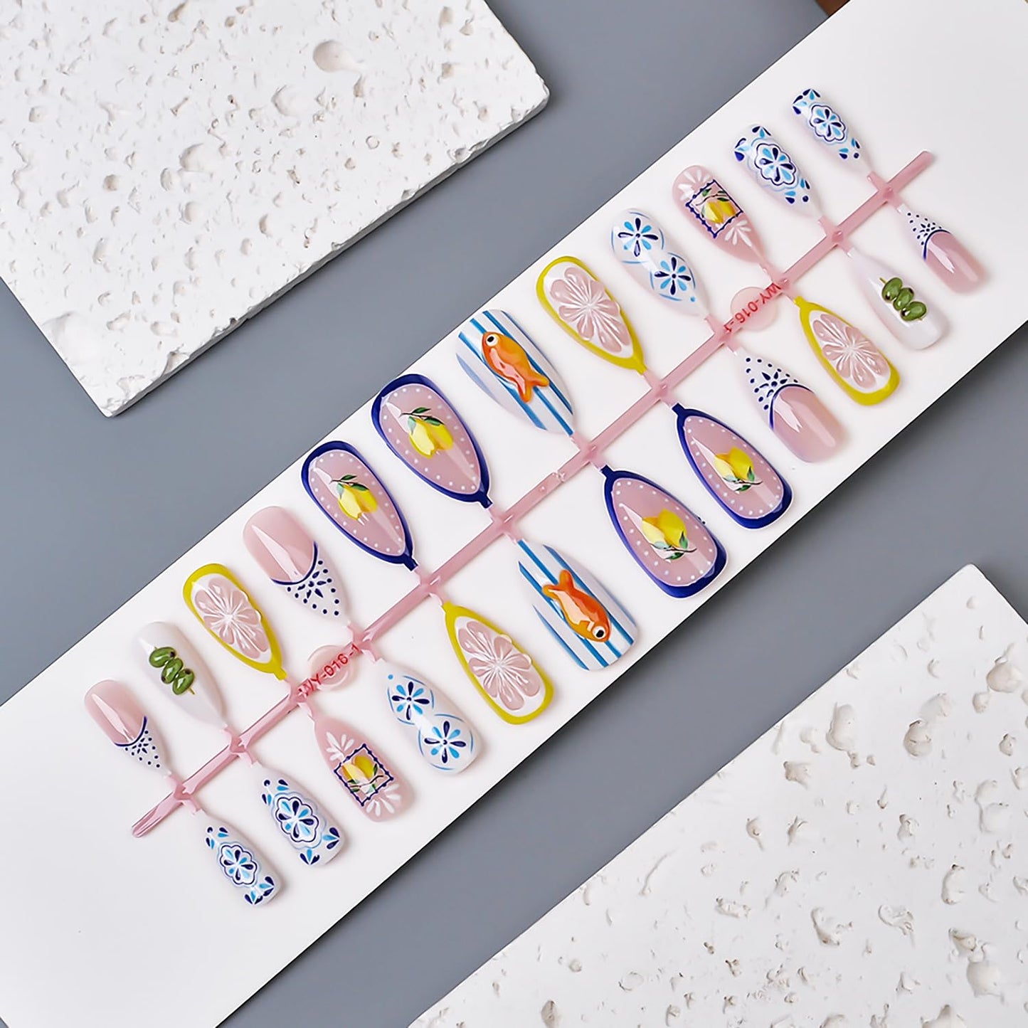 24Pcs Summer Press on Nails Medium Almond Fake Nails 3D Cute Fish Lemon False Nails Reusable Bohemia Designs French Tip Acrylic Nail Summer Fruit Full Cover Stick on Nails for Women Nail Supplies