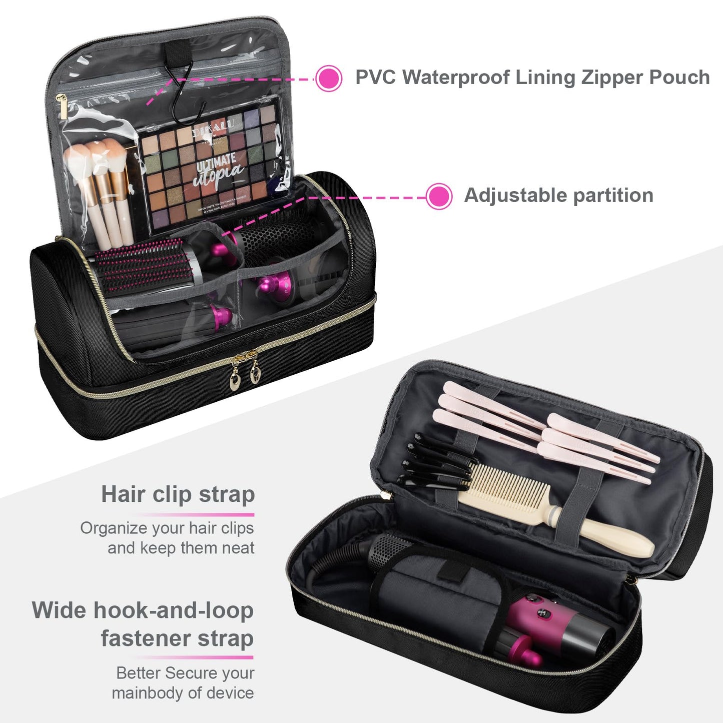 Wigojoy Travel Carrying Case Compatible with Dyson Airwrap Flexstyle/Shark Flex Fushion and Attachments, Portable Storage Bag for Hair Styling Tools with Metal Hanging Hook, Black (Bag Only)