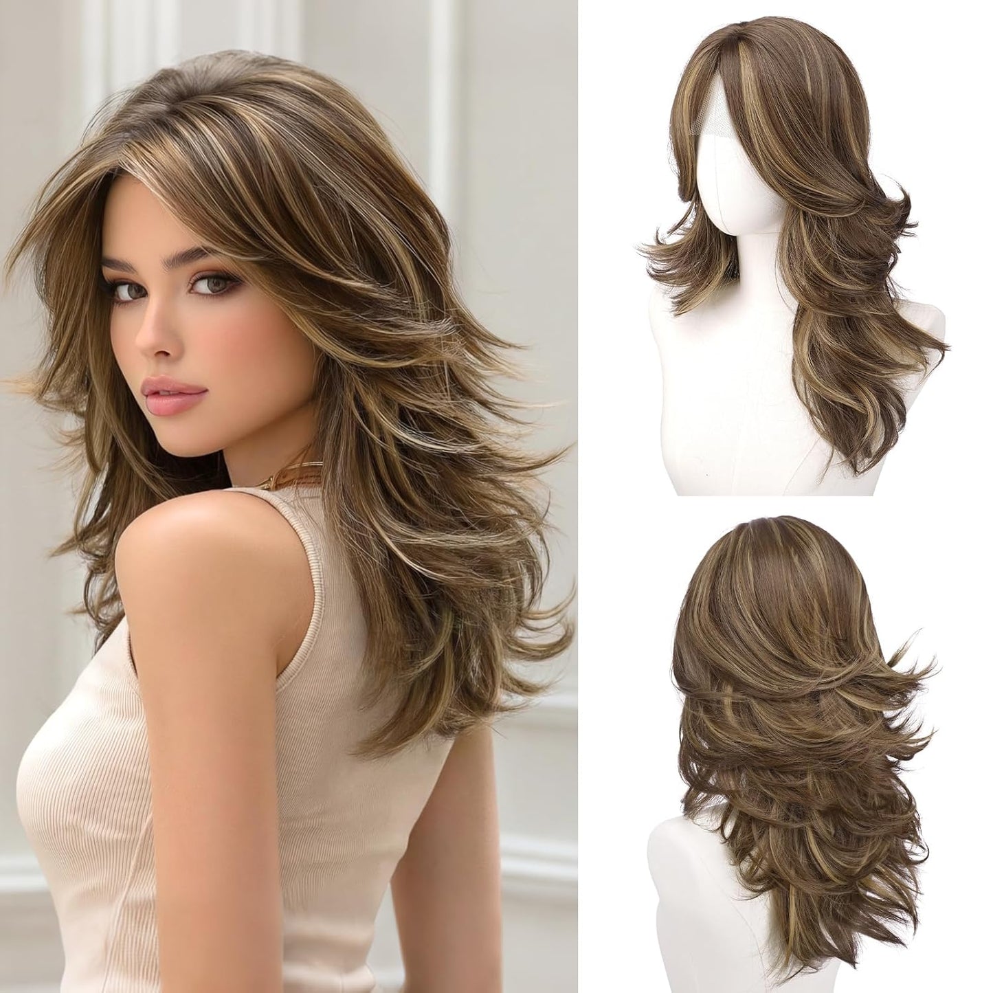 Red Layered Wig with Curtain Bangs - Long Wavy Synthetic Hair, 20 Inch Natural Look for Women | Perfect for Daily Wear & Parties
