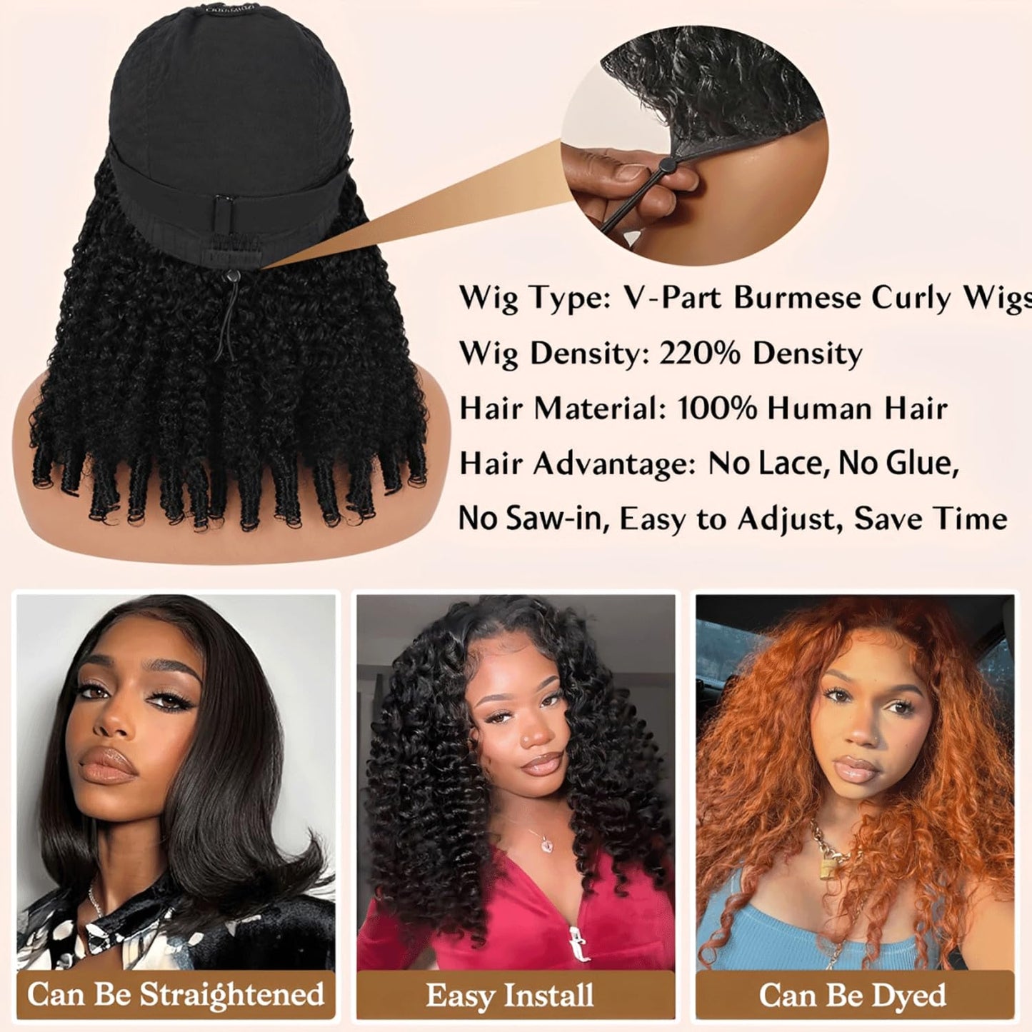 Burmese Curly V Part Half Wig - 220% Density, 16 Inch, 100% Human Hair | Easy Wear & Go Style