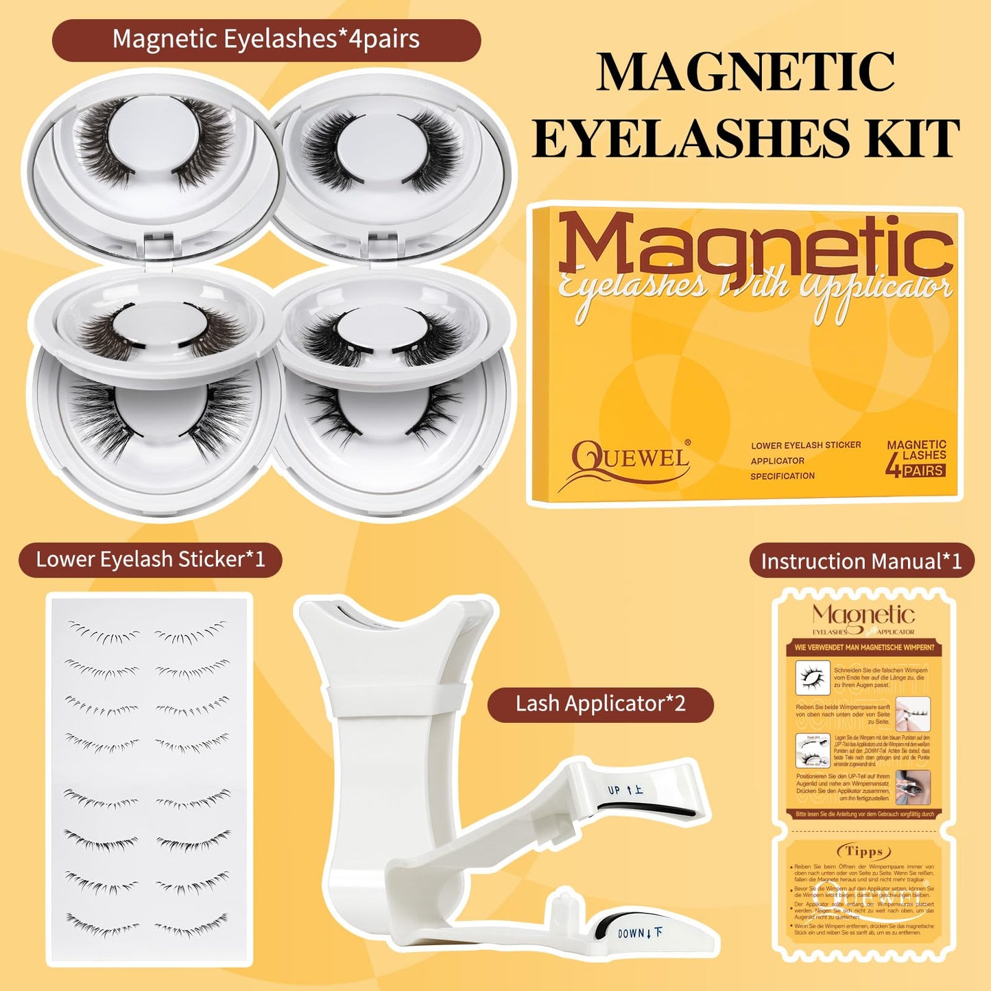 QUEWEL Magnetic Eyelashes 4 Pair Reusable Magnetic Eyelashes with Applicator No Glue Needed Eyelashes Natural Look Lash Clusters Kit Easy to Wear and Remove(4 Pairs-A14)