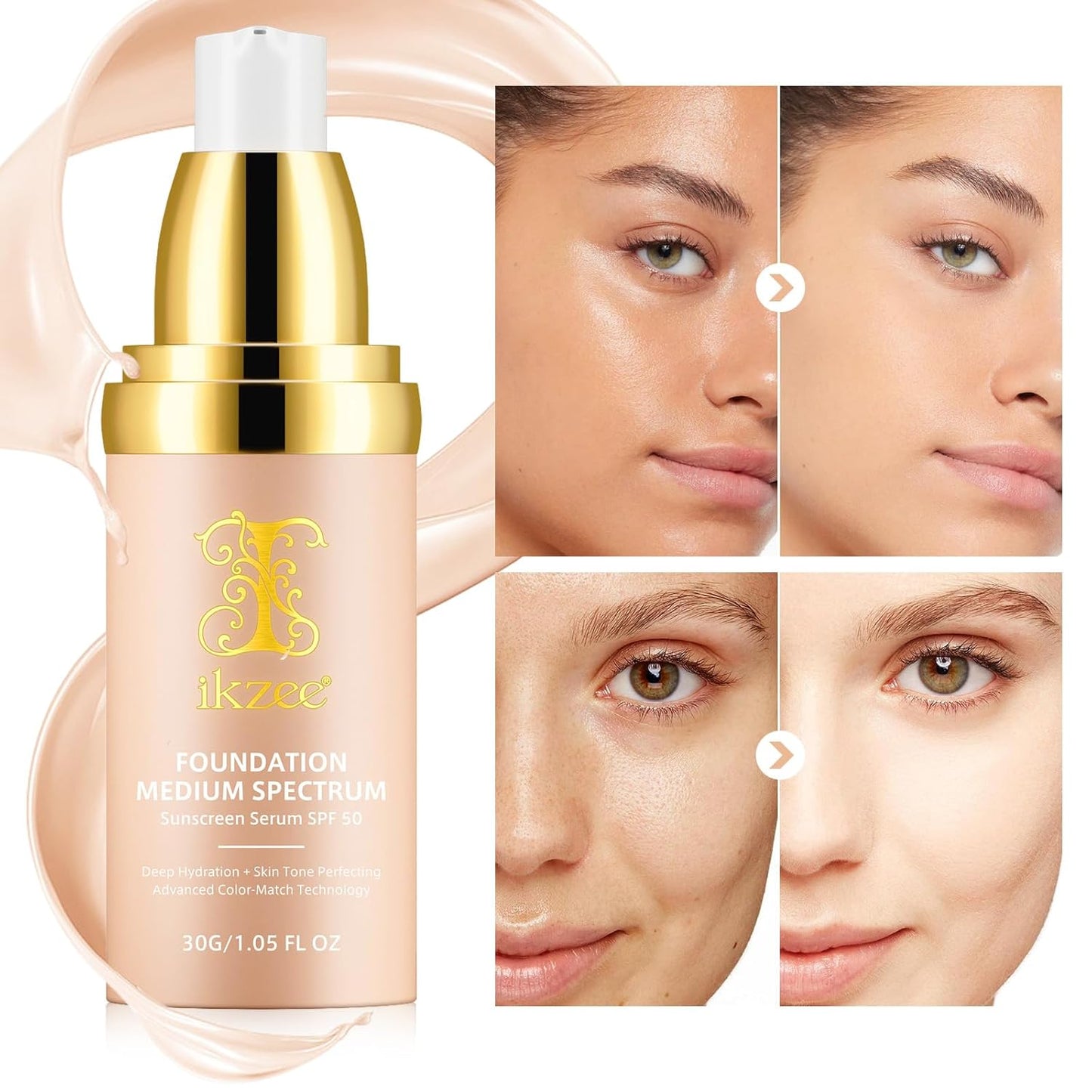 Foundation 4 in 1 - SPF 50 Sunscreen Serum | Waterproof Medium Coverage Liquid Makeup for All Skin Types
