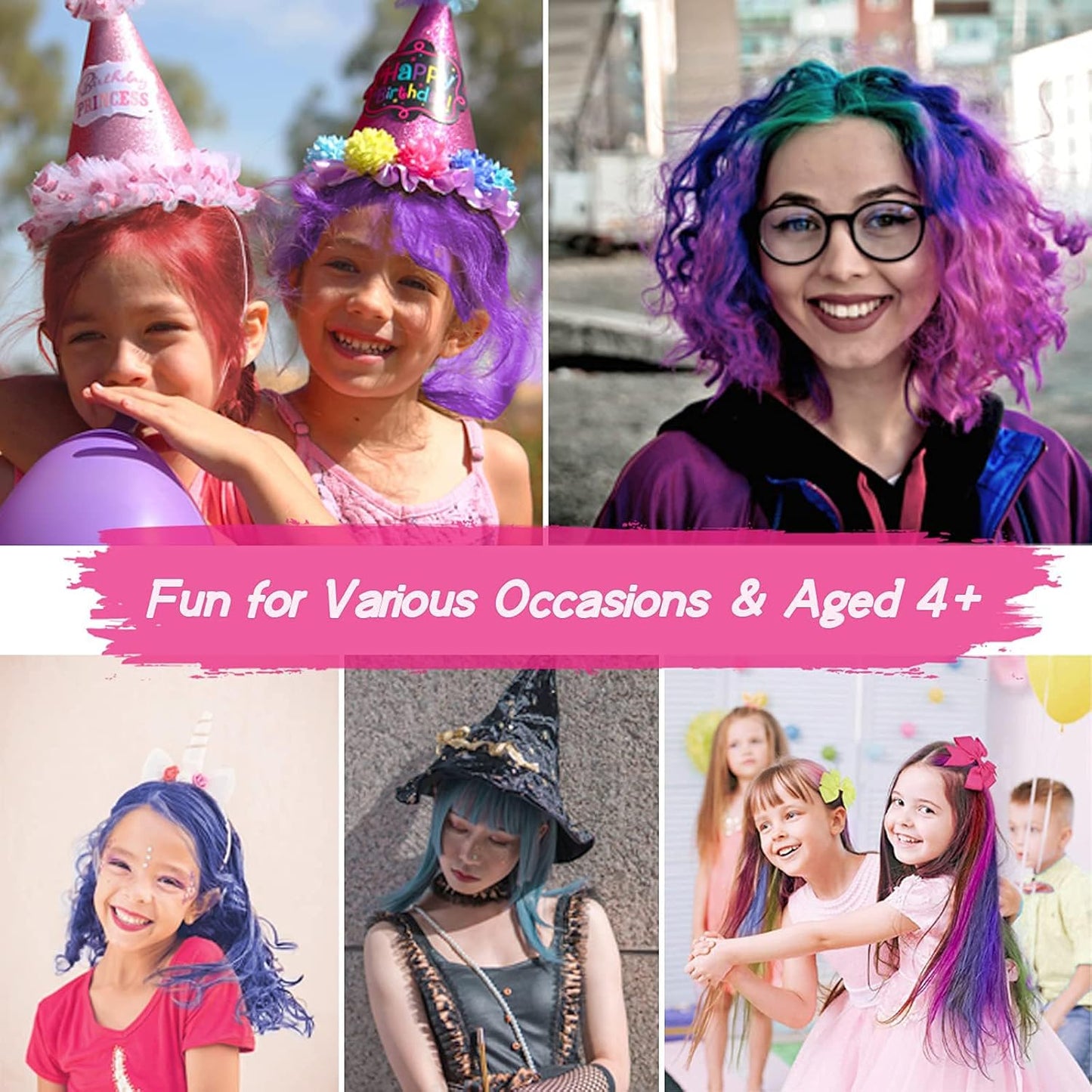 Vibrant Hair Chalk for Kids - Washable Temporary Color Set | 8 Non-Toxic Shades for Dark Hair