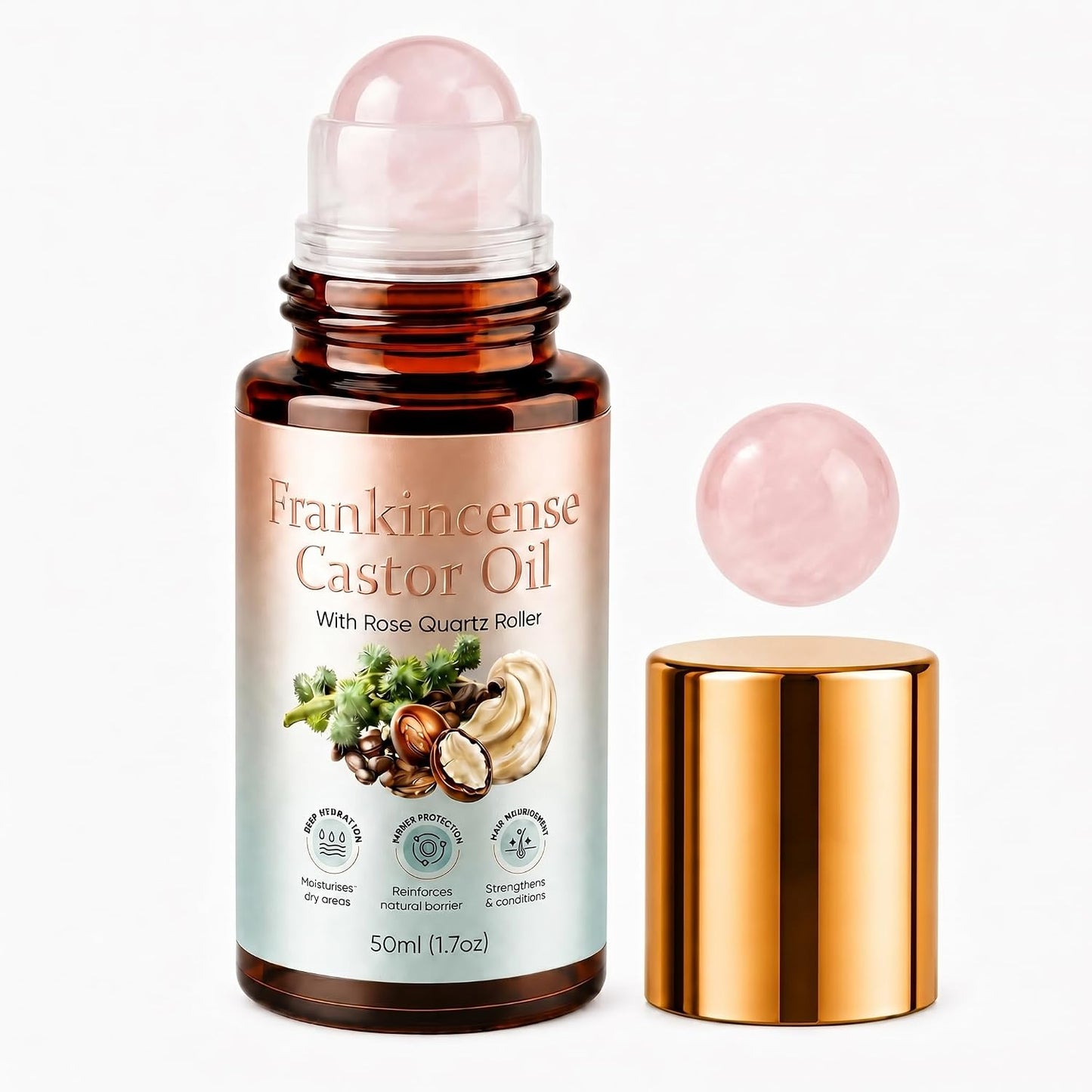 Organic Castor Oil Rose Quartz Roller - Cold-Pressed Beauty Oil for Eyebrows & Face | 1.7 Fl Oz