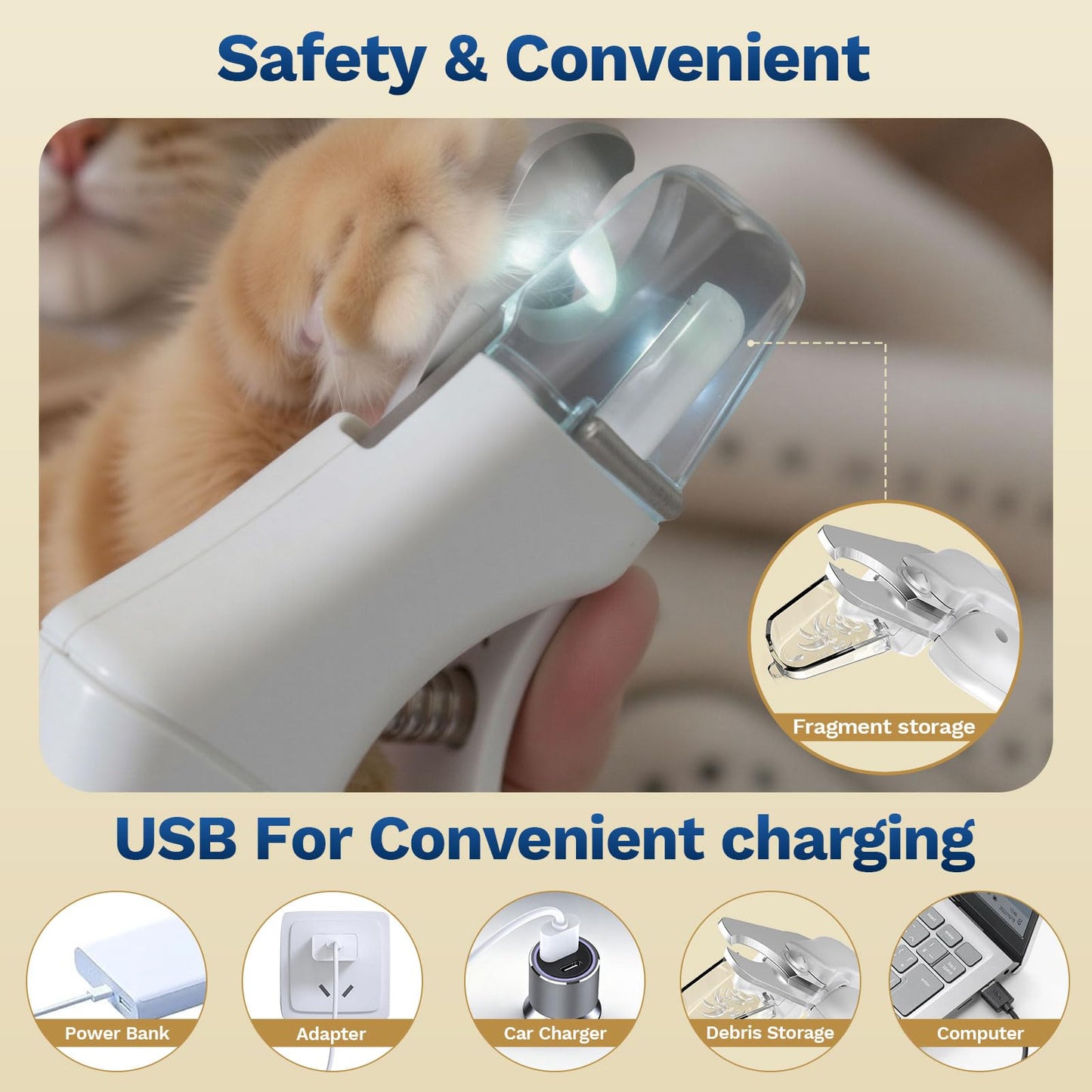 2 in 1 Dog Nail Clippers & Cat Nail Clippers Trimmers for Large Medium Small Dogs Cats Claw Trimmer Quick Sensor and Safety Guard USB Rechargeable Dogs Nail Trimmer with Catcher & 2 LED Lights