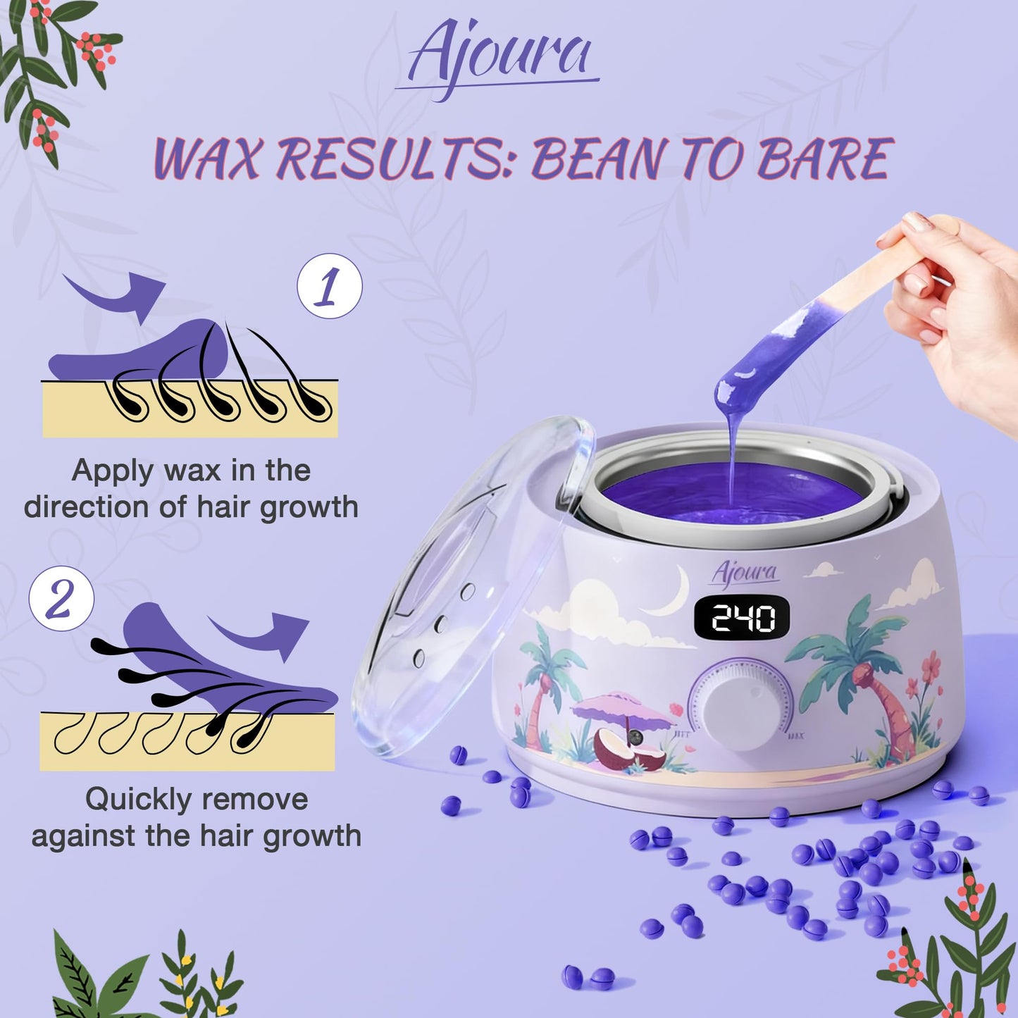 Ajoura Professional Wax Warmer Machine, 16oz Capacity Wax Heater Hair Removal Kit with Digital Temp Control & Fast Heat, Includes 30 Sticks for Face, Legs, Bikini, Brazilian and Body (Light Purple)