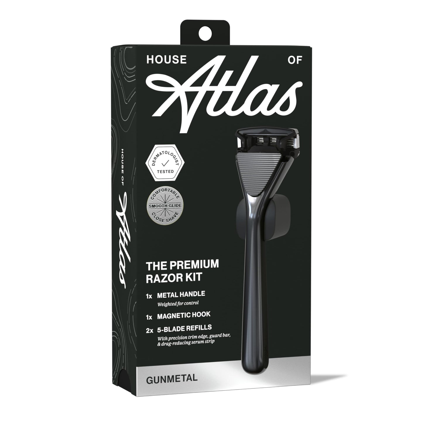 House of Atlas, Razors for Men - Mens Razors for Shaving with Handle, 2 Razor Blade Refills, & Shower Hook, Precision Trim Edge, Smooth Close Shave, Reusable Razor for Men, Gunmetal