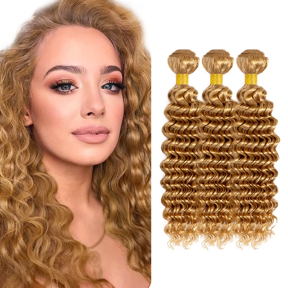 Honey Blonde Bundles Blonde Deep Wave Human Hair Bundle #27 Human Hair Bundle 18 20 22 inch Mixed Length 3 Bundles
