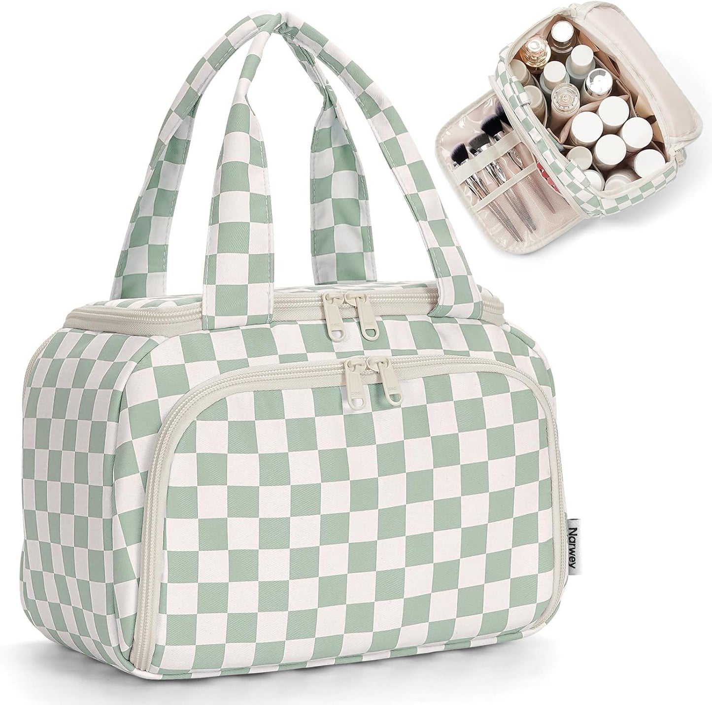 Checkered Travel Toiletry Bag - Large Makeup Organizer with Handle | Mint Green Checkerboard