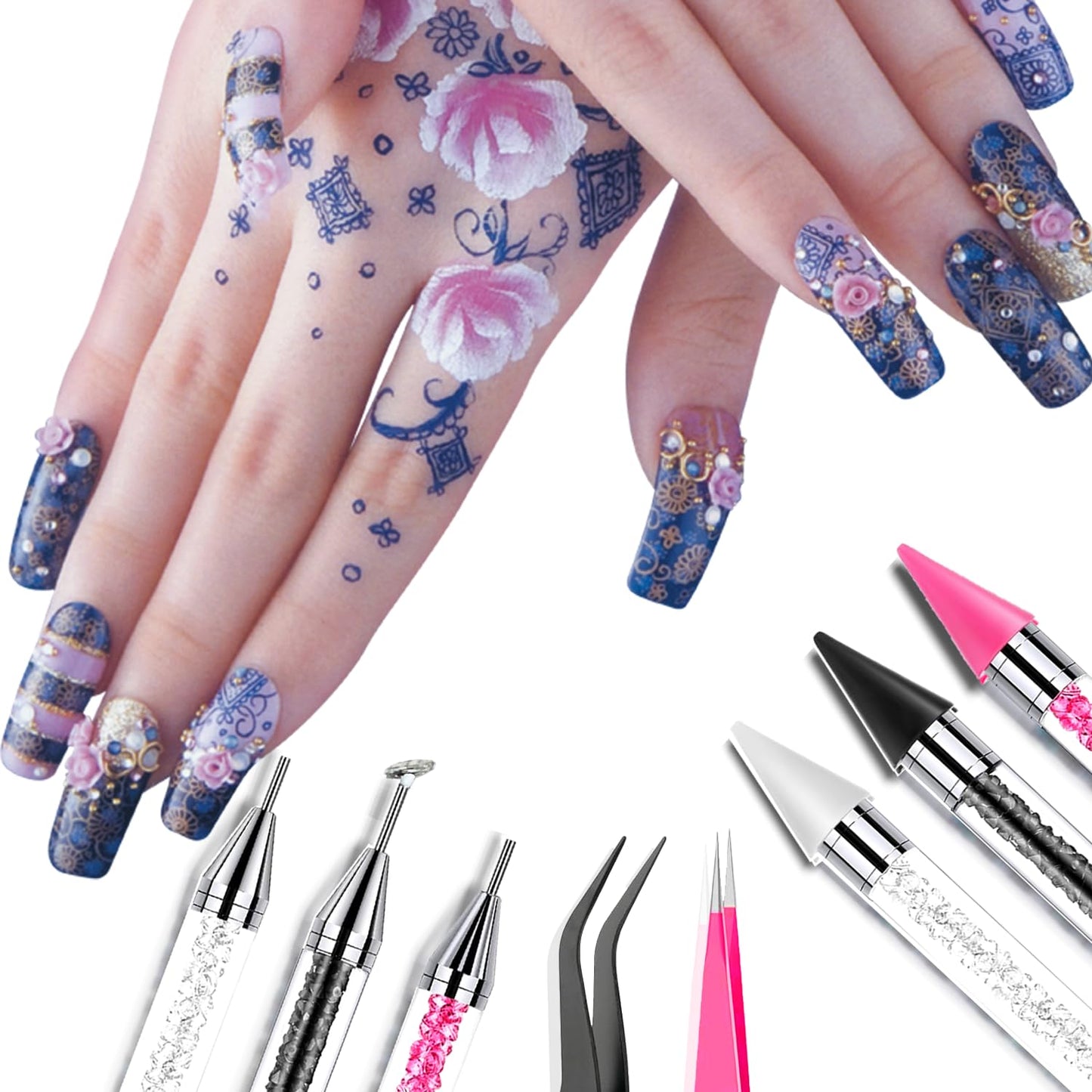 Rhinestone Picker Tool Kit - 14 Pcs with Dual-Head Pens, Wax Tips & Precision Tweezers for Nail Art Gems & Charms