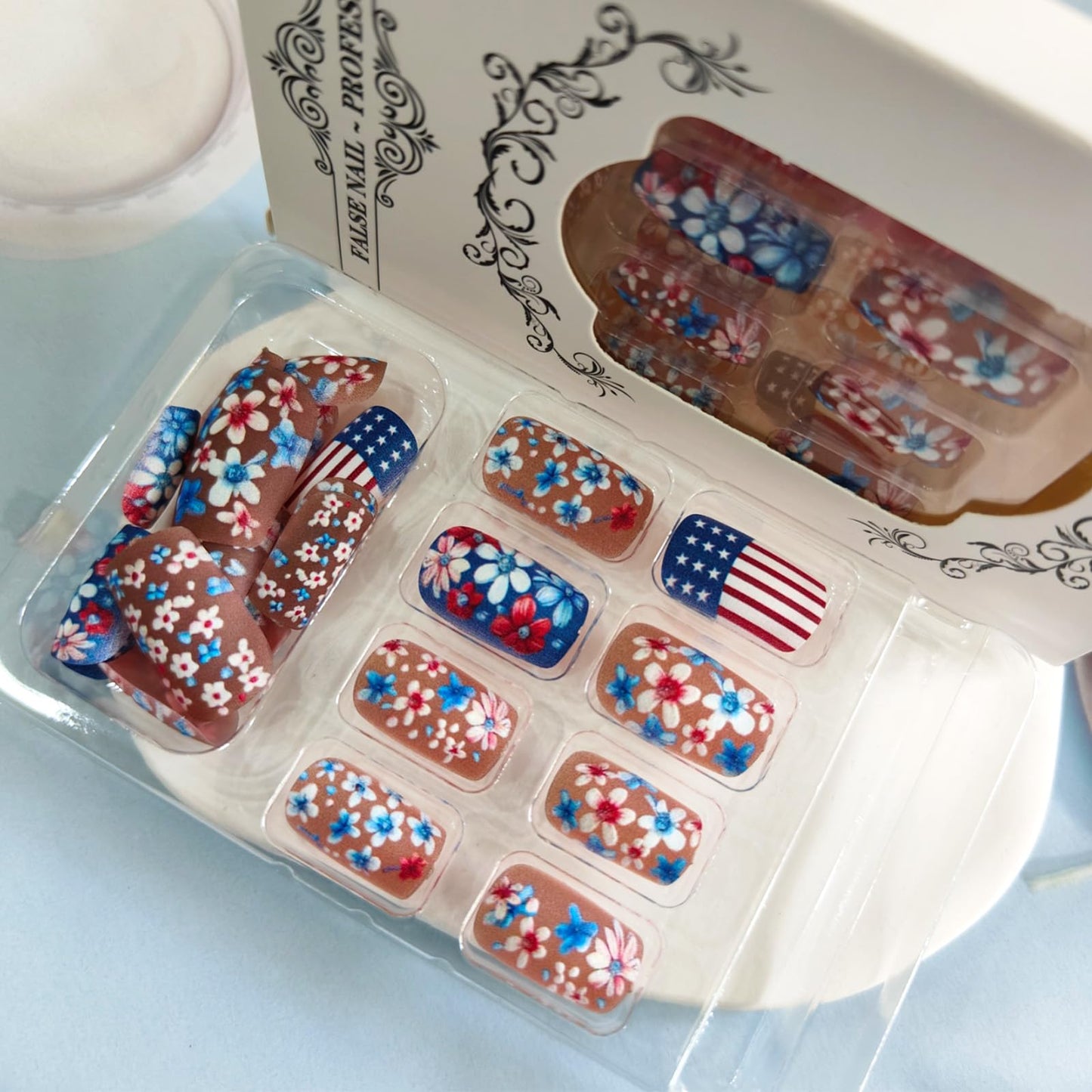 4th of July Press on Nails Medium Square Fake Nails Red Blue Flowers Design Matte Glue on Nails American Flag False Nails Independence Day Stick on Nails for Women Girls 24Pcs