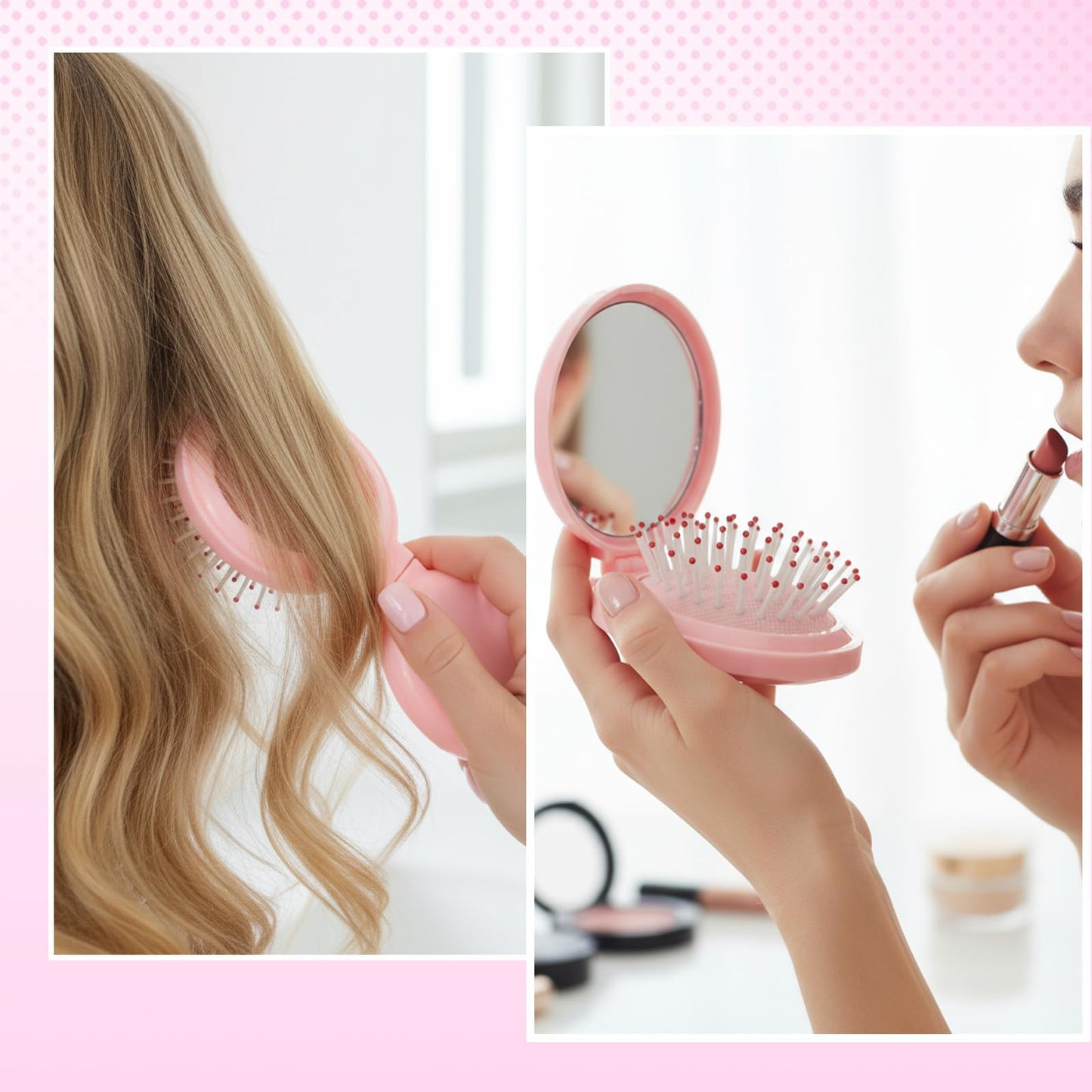 Mini Travel Brush for Women Folding Hair Brush Portable Mini Hairbrush with Mirror, Compact Pop Up Pocket Brushes, Small Travel Size Flip Brushes for Purse Girls Wet and Dry Hair, Pink