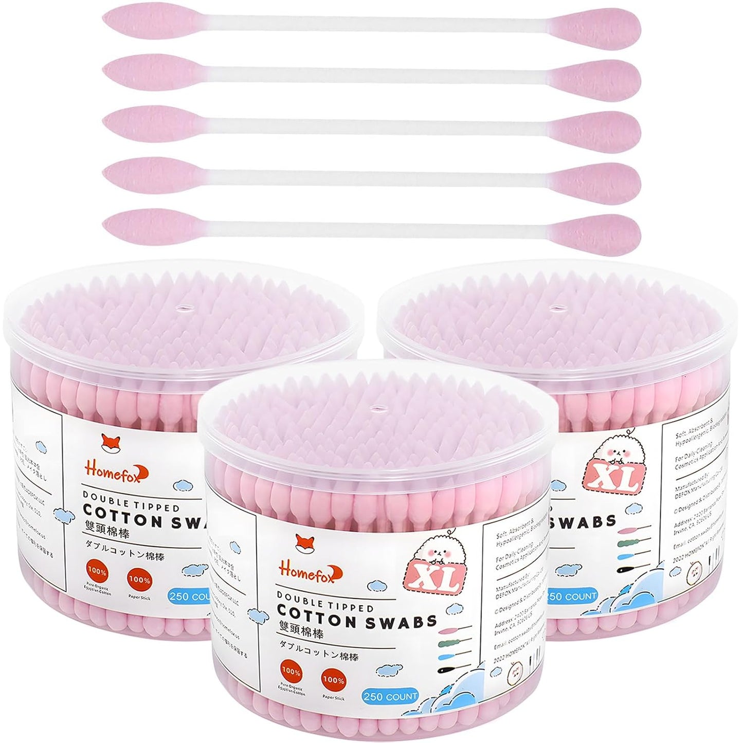XL Pink Cotton Swabs - Pointed Precision Organic Buds | 250 Count Double-Sided Tips