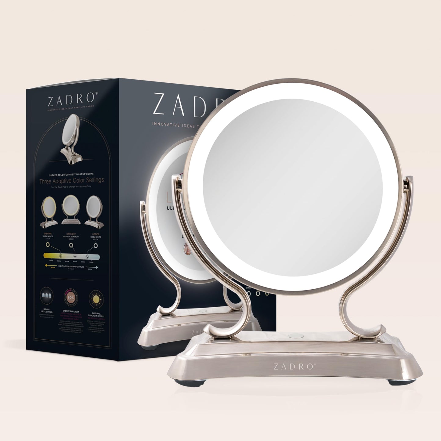 Zadro 12" Glamour LED Makeup Mirror with Lights and Magnification 5X/1X Touch Control Mirror with Lights for Makeup Desk (X-Large | 5X/1X | 12" W x 16" H | LED, Polished Nickel)
