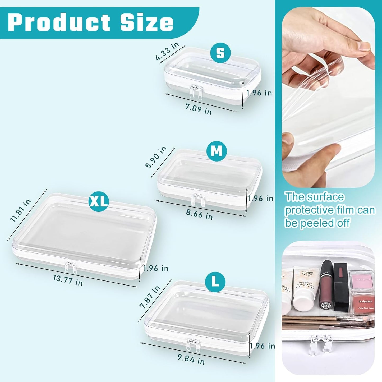 Clear Hard Shell Double-Zipper Pouches - Transparent Organizer Bags for Travel, Cosmetics & Toiletries | 4-Pack (White)