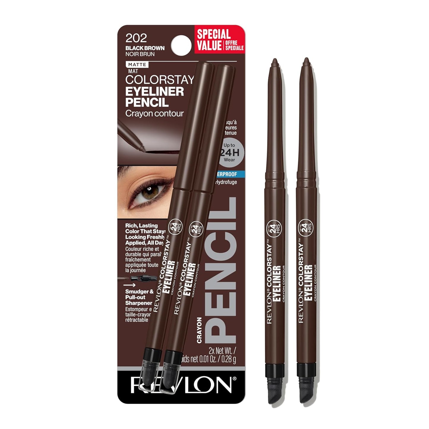 Revlon ColorStay Waterproof Eyeliner Pencil - Smudge-Proof Matte Finish, 203 Brown | 0.01 oz