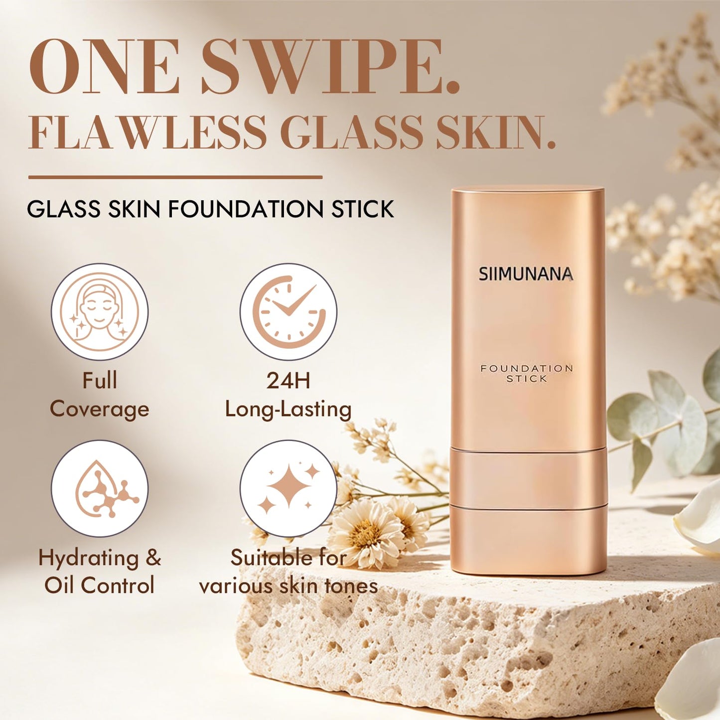 Simunana Foundation Stick Korean, Multi-use Double Head Makeup Stick, Longwear Natural Finish, Waterproof & Sweat-Proof for All Skin Types (NATURAL BEIGE)