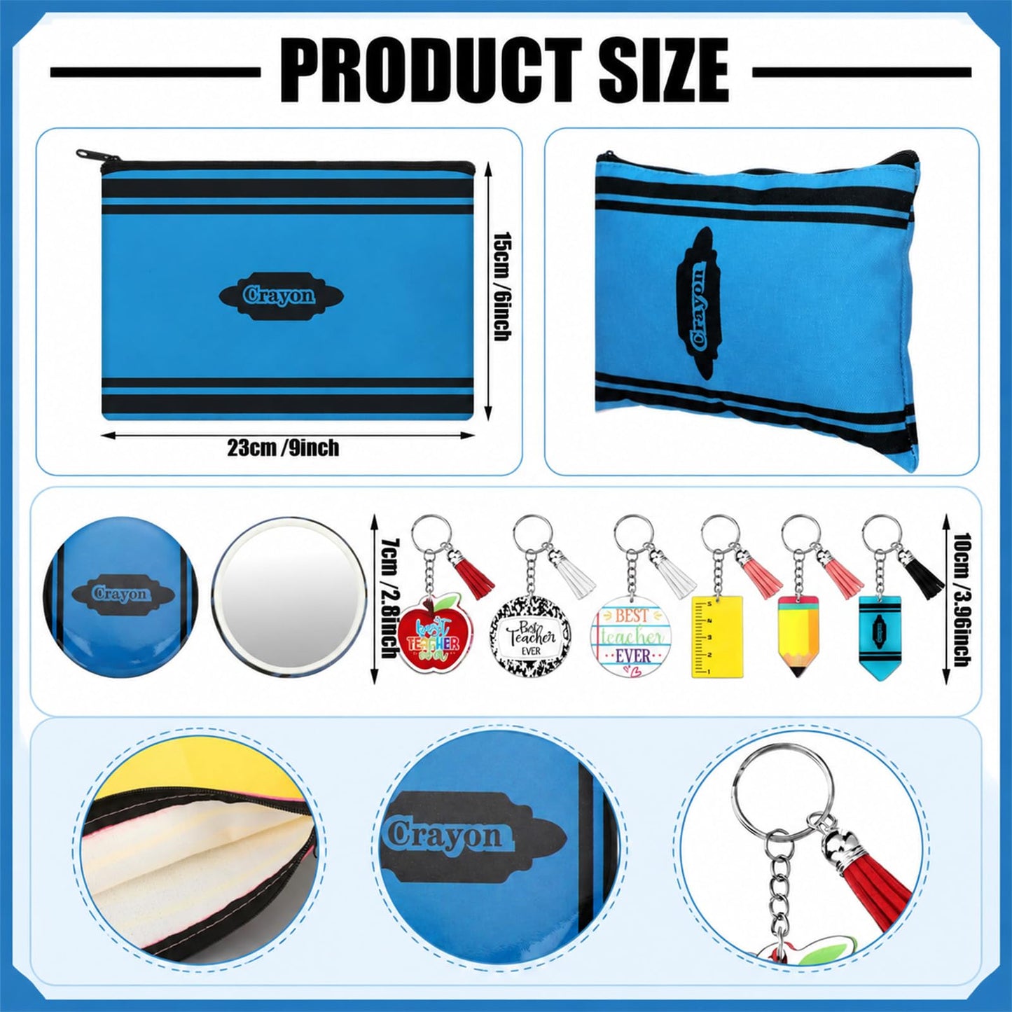 Kacctyen 54 Pcs Back to School Gift Bulk for Teacher Canvas Makeup Bags Mirrors Acrylic Keychains Classroom Back to School Party Favor Bracelets for Teachers Thank You Gifts