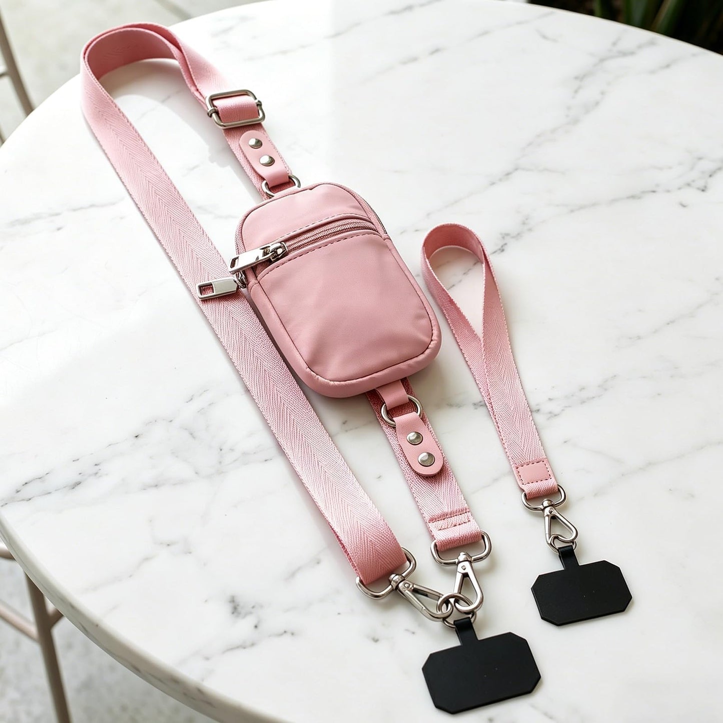 Crossbody Phone Lanyard with Zipper Pouch, Adjustable Neck Strap with Phone Tether, Anti-Lost Wrist Strap (pink)