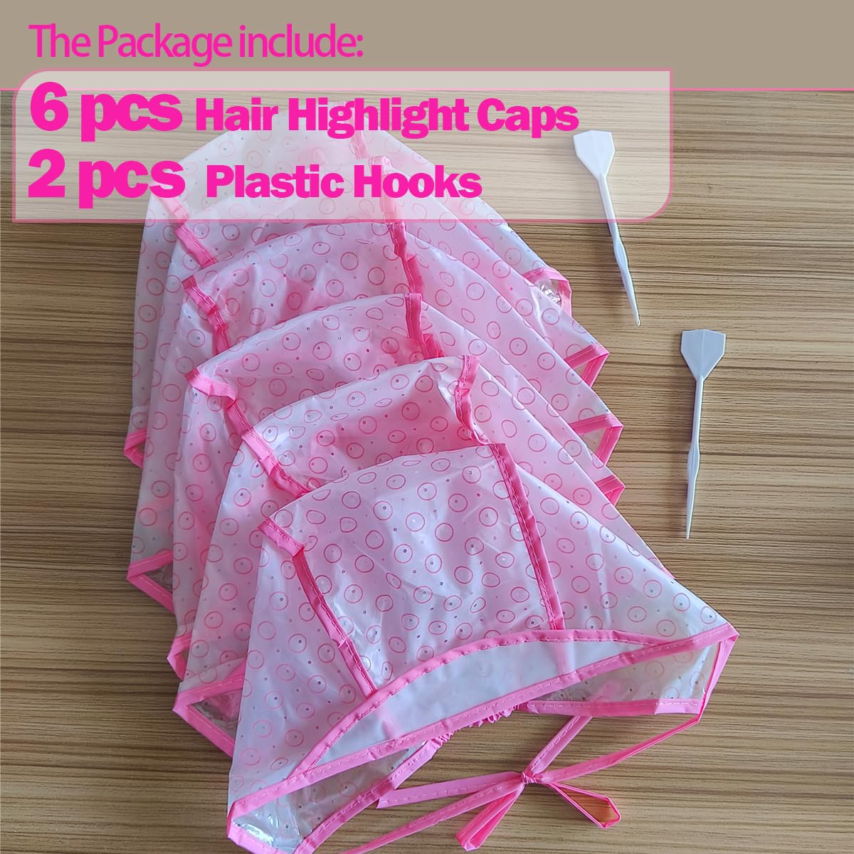Hair Highlighting Cap Set - 6 Pcs Hair Coloring Frosting Kit with 2 Plastic Hooks | Pink