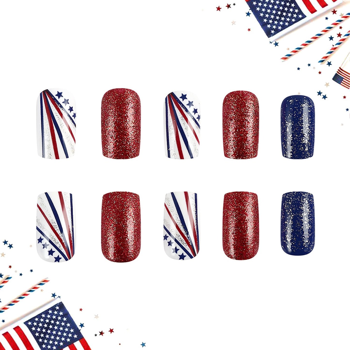 24Pcs 4th of July Press-On Nails - Medium Square Red, Blue & White Glitter Designs | Reusable Patriotic Acrylic Nails for Women
