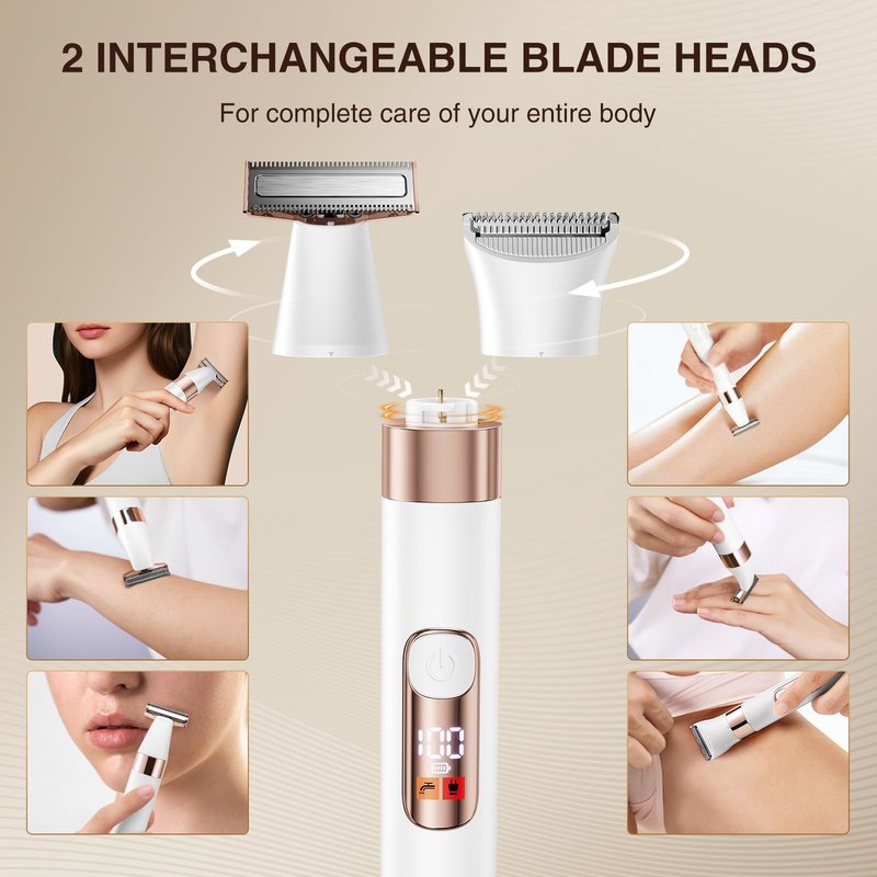 ANLAN Bikini Trimmer for Women, 2-in-1 Electric Shaver with Quiet Motor & 90min Rechargeable Battery, Waterproof IPX6 Razor, Painless Hair Removal for Sensitive Skin, Face & Body
