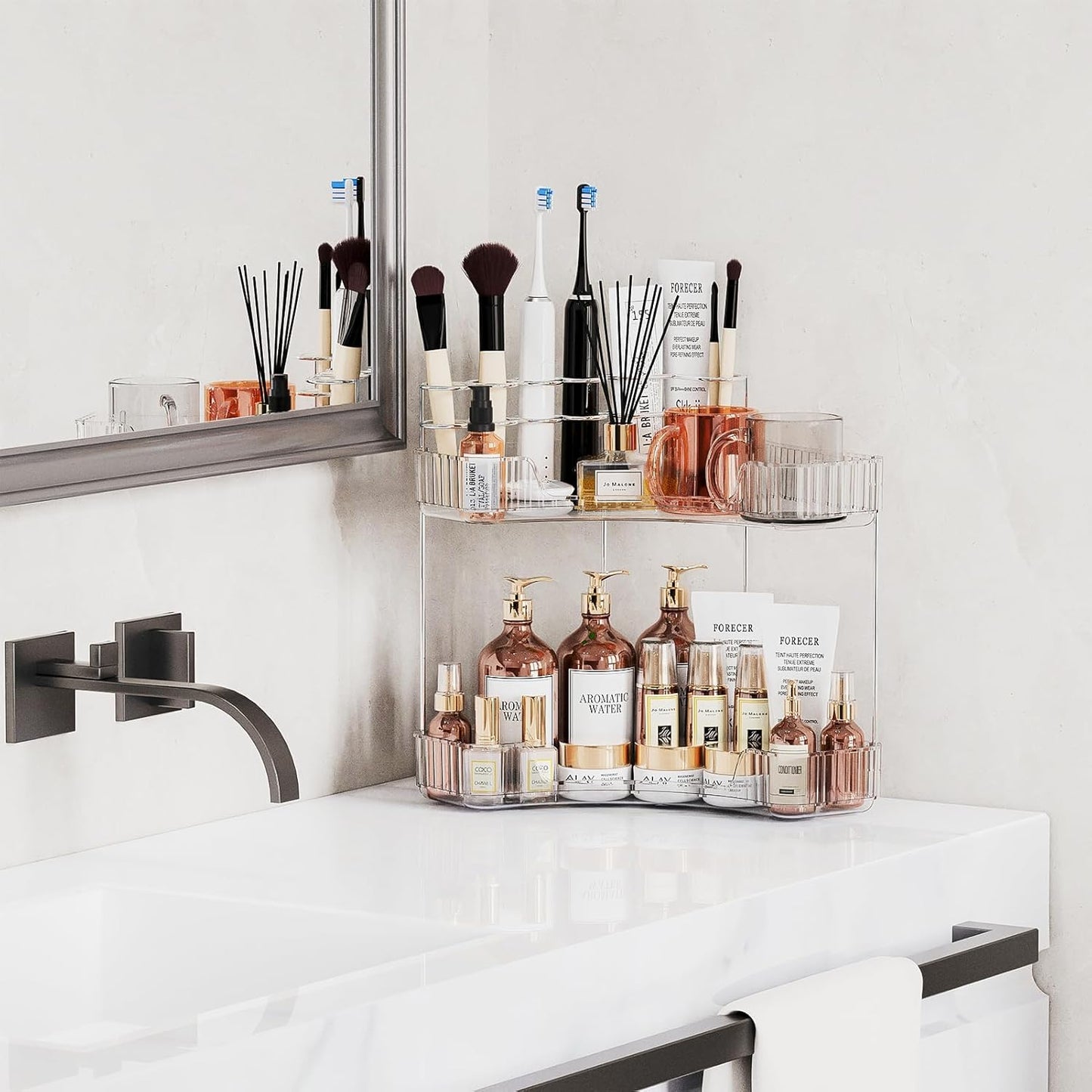2-Tier Corner Bathroom Counter Organizer - Clear Makeup & Skincare Holder | Toothbrush & Brush Storage