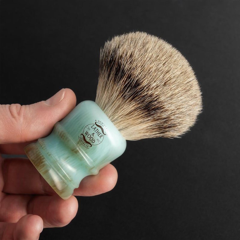 Lather & Wood Shaving Brush for Men- Premium 100% Badger Hair - High End Blue Agate Resin Handle
