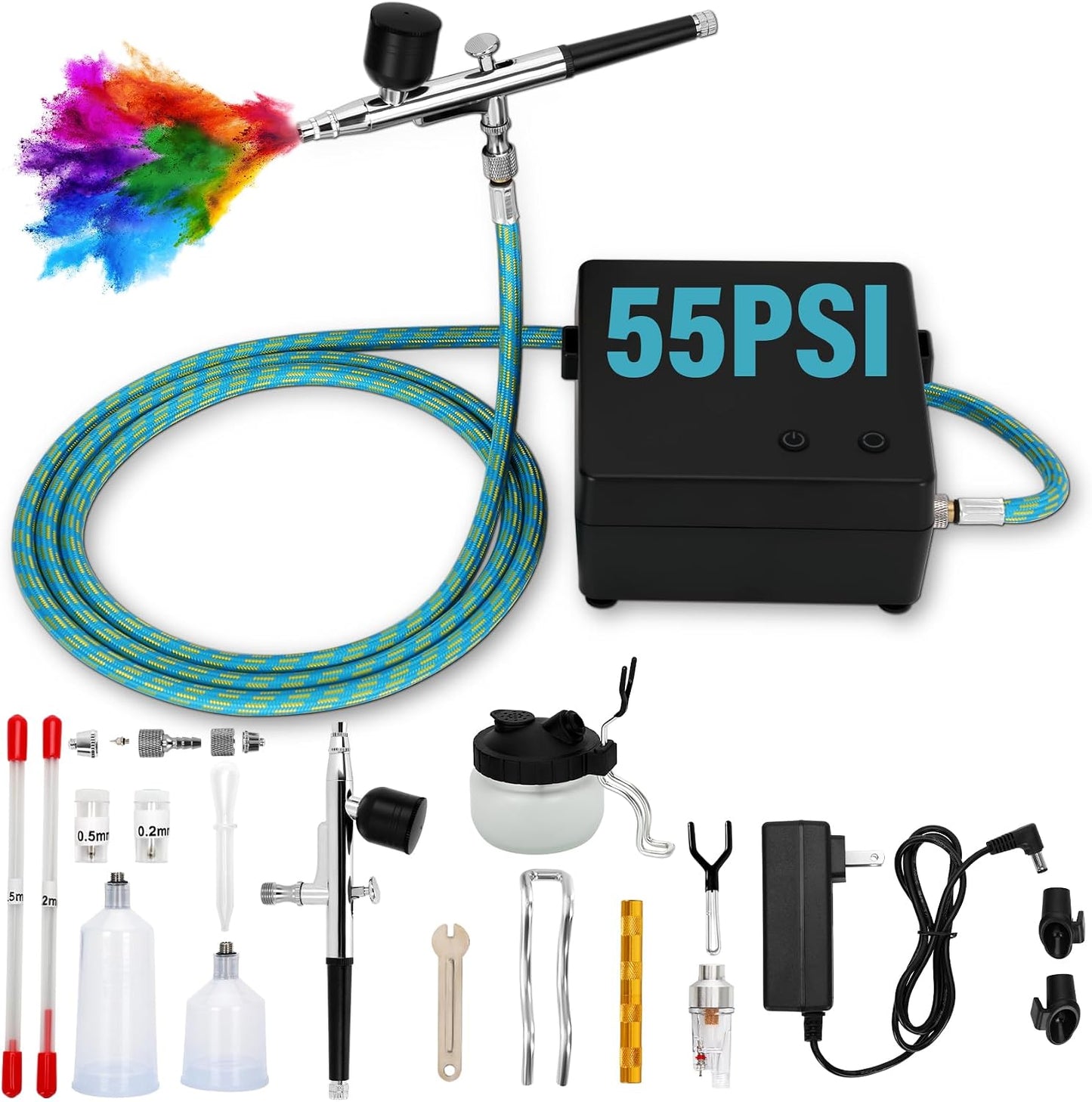 Airbrush Kit - Professional Air Compressor Set for Cake Decorating, Makeup & Model Painting | 3 Nozzles (0.2/0.3/0.5mm) & Cleaning Kit