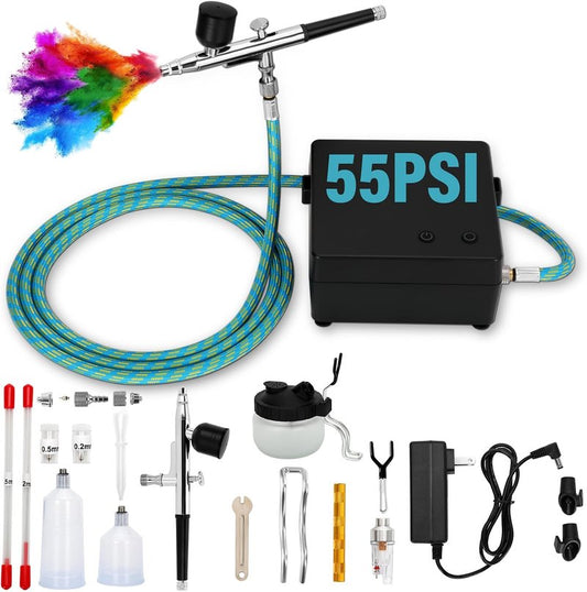 Airbrush Kit - Professional Air Compressor Set for Cake Decorating, Makeup & Model Painting | 3 Nozzles (0.2/0.3/0.5mm) & Cleaning Kit
