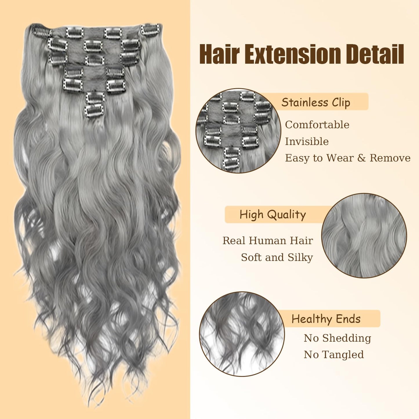 Grey Long Wave Clip in Hair Extensions Real Human Hair, 20 Inch 120g/7Pcs,Full Shine Remy Human Hair,Natural Grey Clip ins Brazilian Virgin Human Hair Extensions