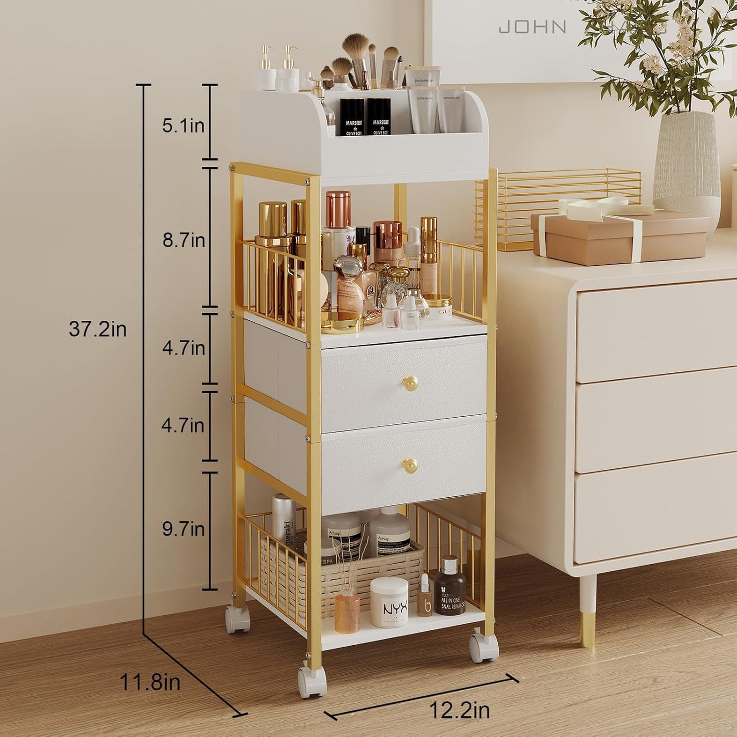 Makeup Organizer Cart - Large Skincare & Makeup Stand with Drawers | Gold Vanity Storage