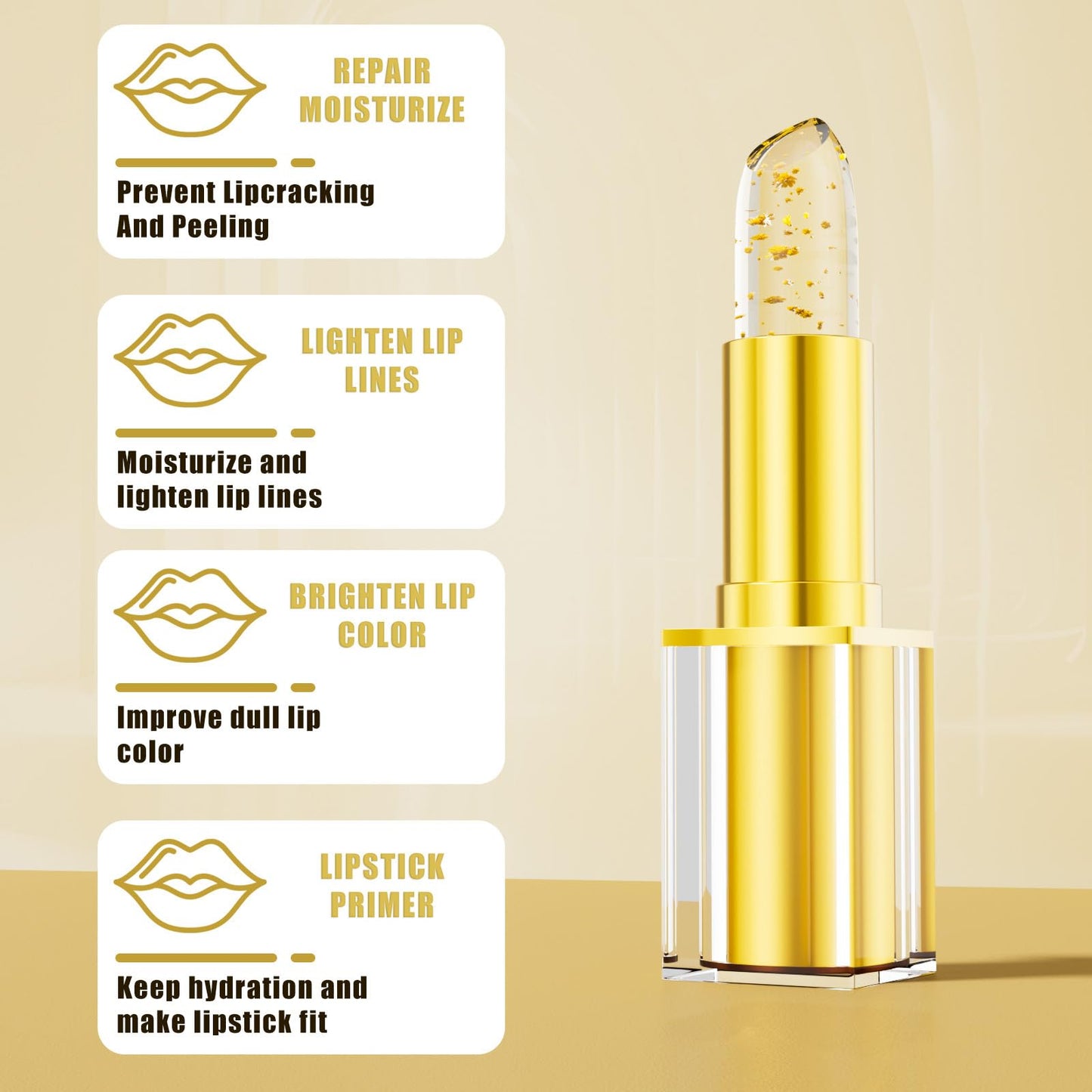 DENESTUP Color Changing Lipstick, Clear Lipstick Gold Foil Crystal Ph Adjusting Lip Stick, Color Changing Ph Lip Balm, True Tone Ph Adjusting Lipsticks for Women