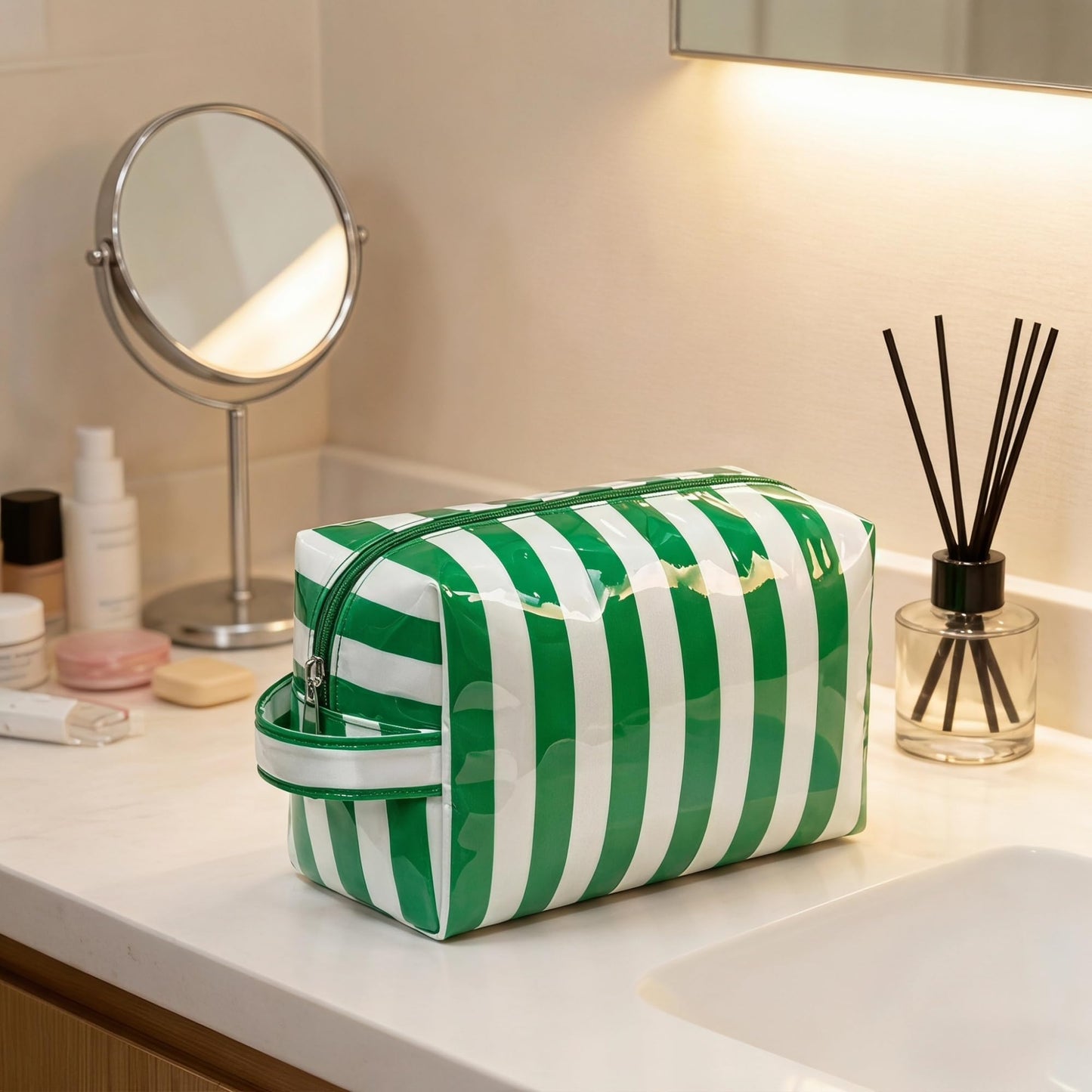Lestikave PVC Striped Makeup Bag,Easy to Clean,Waterproof Clear Coated Cosmetic Bag,Cute Travel Organizer Zipper Pouch for Beach Vacation Essentials(09Green White)