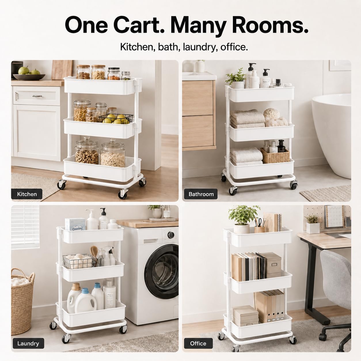 Utility Rolling Cart - Heavy Duty Metal Storage Organizer with Wheels | Portable 3-Tier Shelving Unit for Office, Bathroom, Kitchen (White)