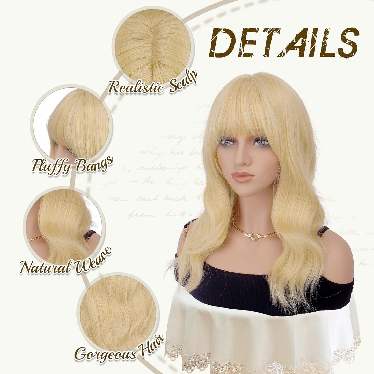 Blonde Wigs with Bangs - 19 Inch Natural Wavy Synthetic Hair for Daily Wear | Heat Resistant Medium Length