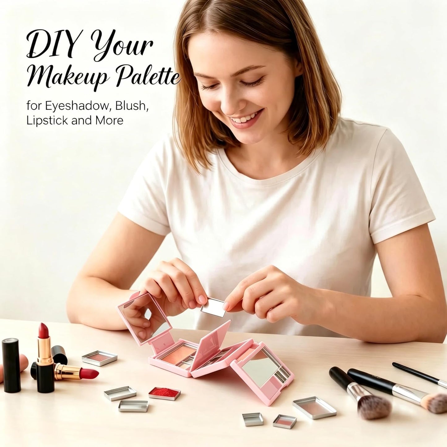 Magnetic Makeup Palette - 3-Layer Foldable Pink Palette with Dividers & 13 Empty Pans | DIY Lipstick Organizer, 20% Larger