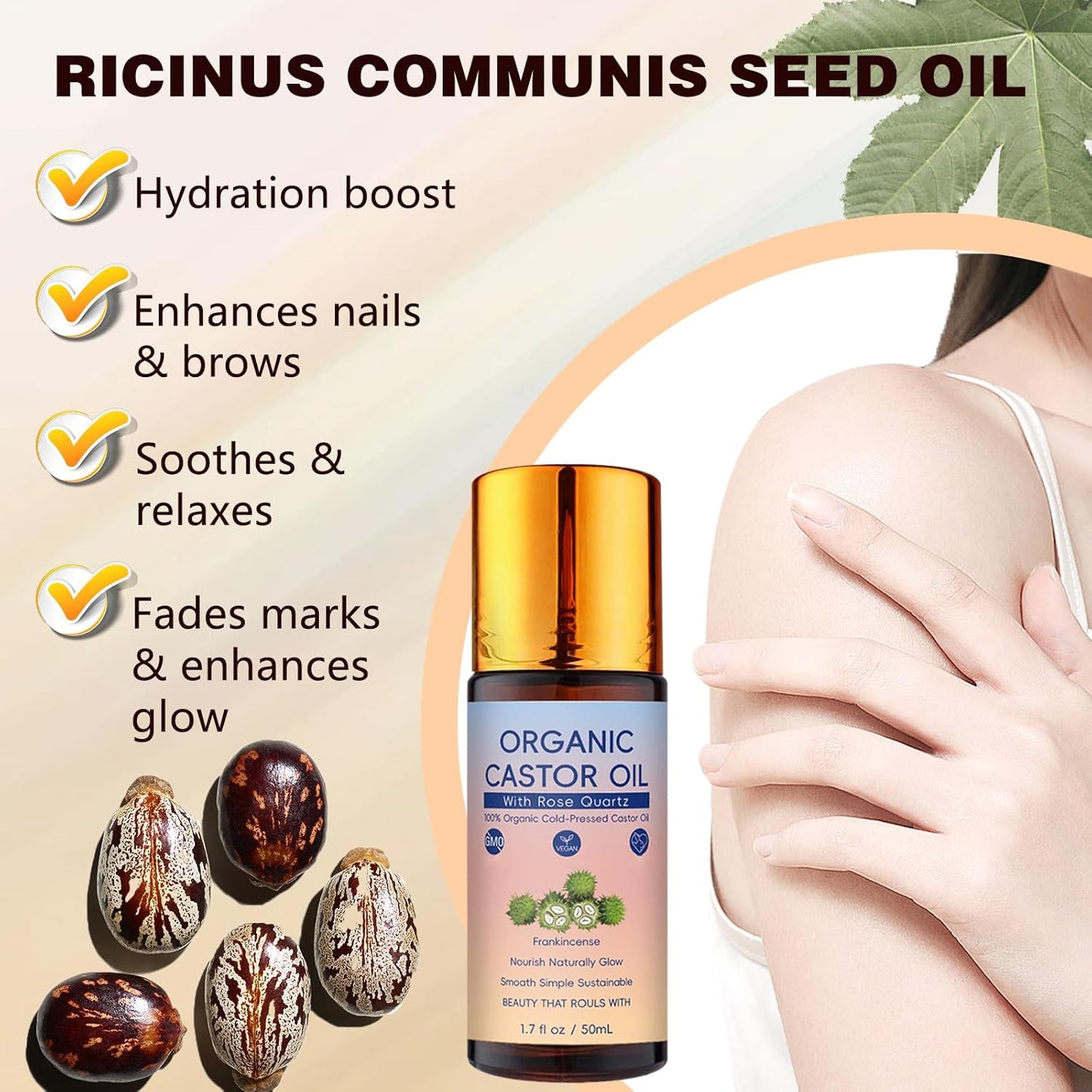 Organic Castor Oil Roll-On with Rose Quartz Roller Ball - Cold Pressed Moisturizing Beauty Oil for Brows, Lashes & Skin