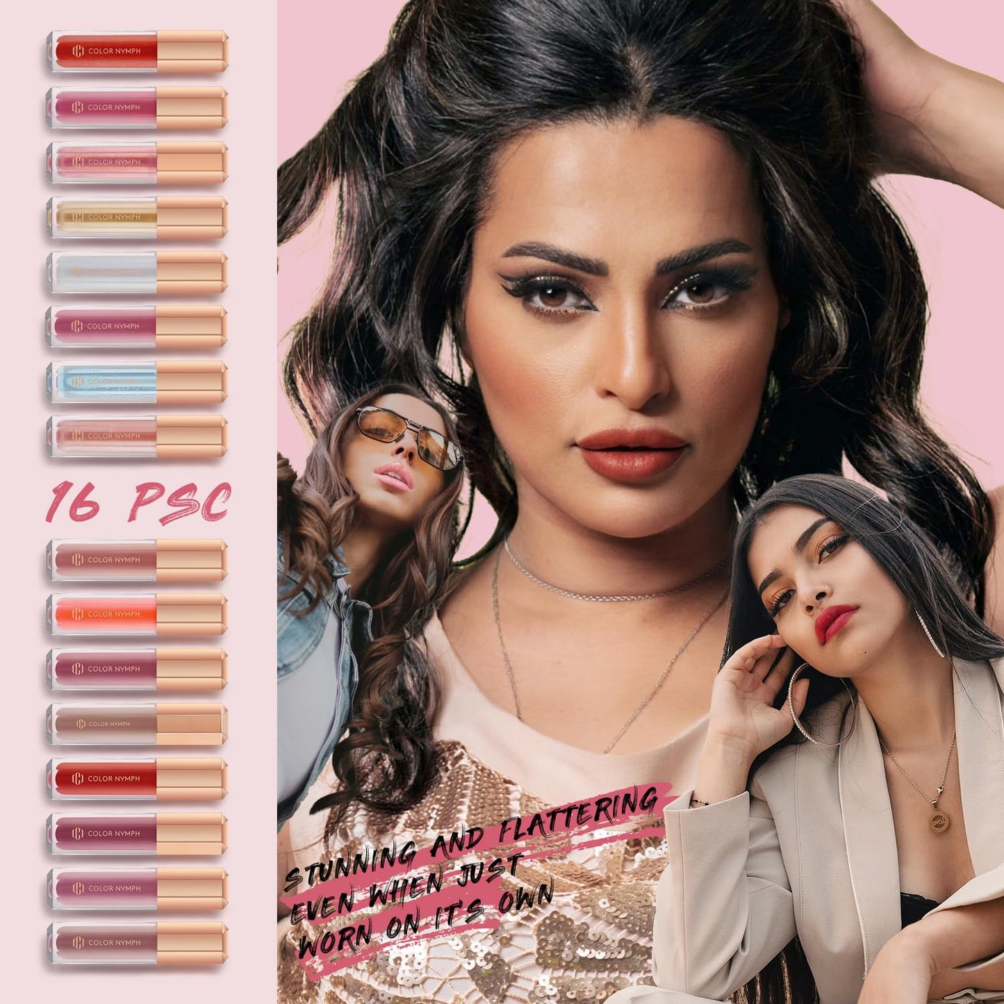 16 PCS Lip Gloss Set - Shimmery Long-Lasting Colors for Women & Girls | Iridescent Pink