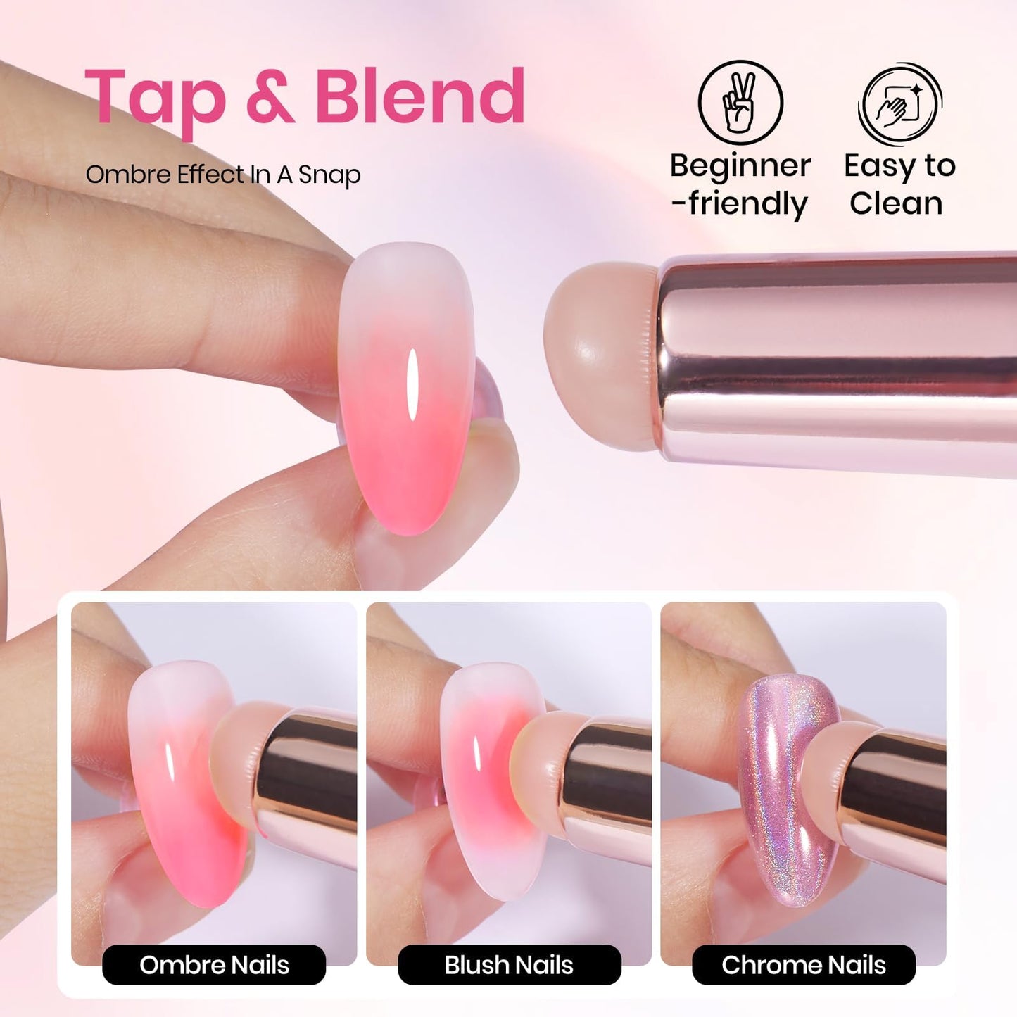 Beetles Blooming Gel and Nail Art Brushes Set - Ombre Nail Brush Gradient Stipple Clean Up Fingernail Art Pens and Silicone Dotting Tool for Gel Polish Marble Blush Chrome DIY Manicure Designs