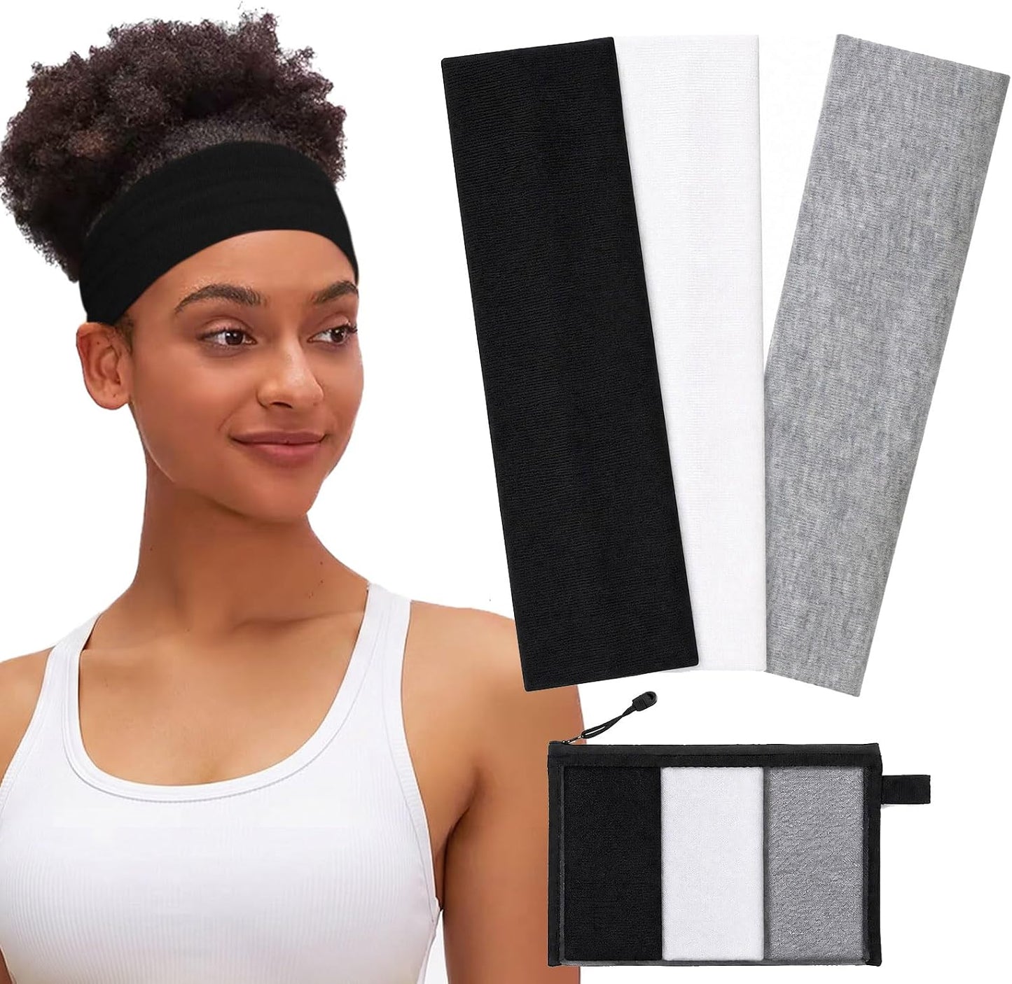 Non-Slip Headbands for Women - Soft Cotton Elastic Hairbands for Gym & Running | 3 Pack with Bag