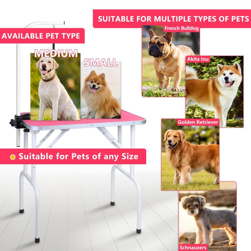 LEIBOU Pet Dog Grooming Table Foldable Grooming Table Heavy Duty Iron Frame with Arm & Noose for Dog Cat Pet Grooming (32'', Pink)