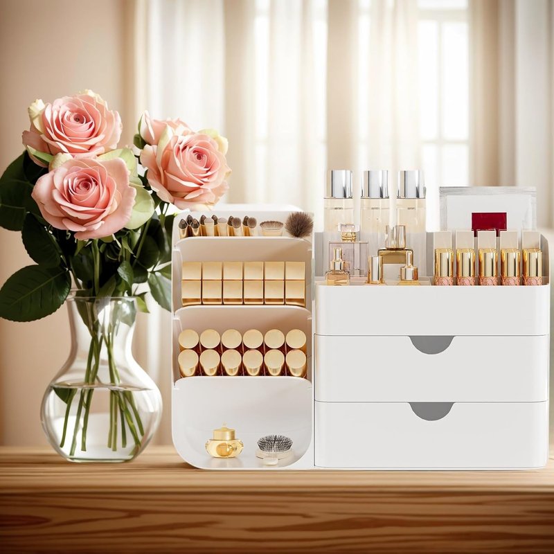 Makeup Organizer with 2 Drawers & Brush Holders - Versatile Cosmetic Storage for Vanity & Desk | All White, Medium