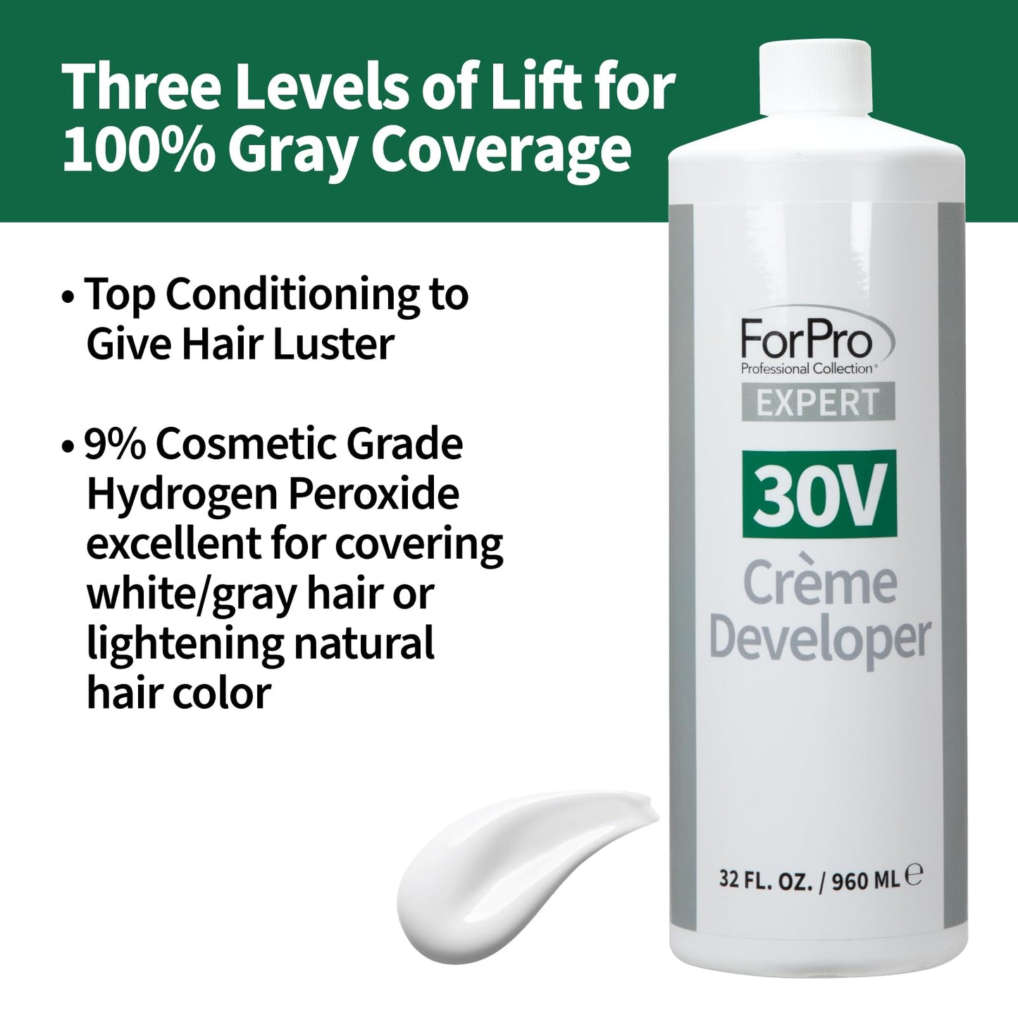 ForPro Expert 30 Volume Crème Developer, 32 Fl Oz – for Hair Lightening, Gray Coverage & Color Deposit with Extra Lift