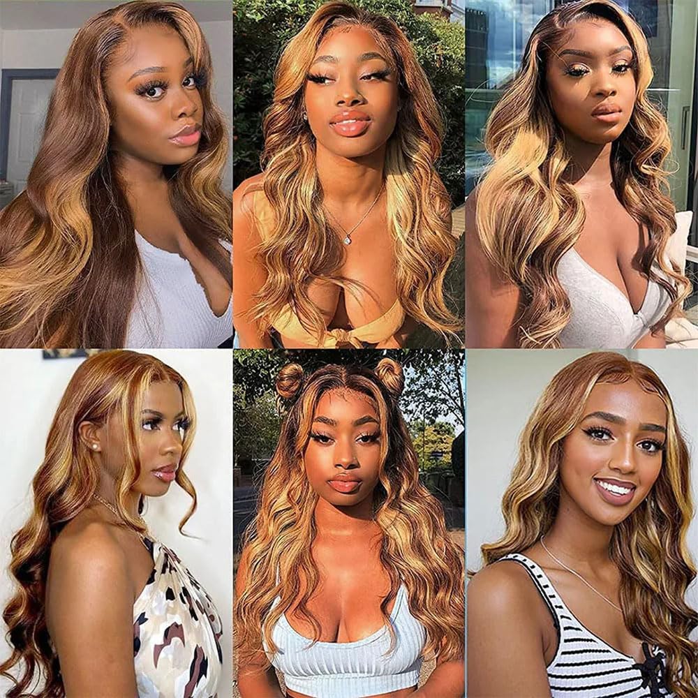 P33/613 Hilight Blonde Bundles Human Hair Body Wave Bundles 30 32 34 Inch Brown Body Wave Bundles Unprocessed Brazilian Virgin Hair Deals Quick Weave Hair Extensions 3 Bundle 100 Gram Per Bundle