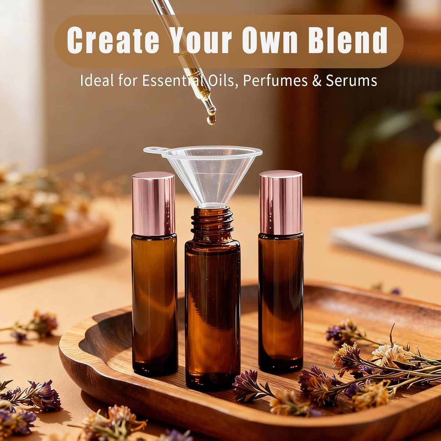 Rose Quartz Roller Bottles - 8 Pack 10ml Refillable Amber Glass Roll-On Bottles | Leak-Proof Travel Perfume with Crystal Roller Balls