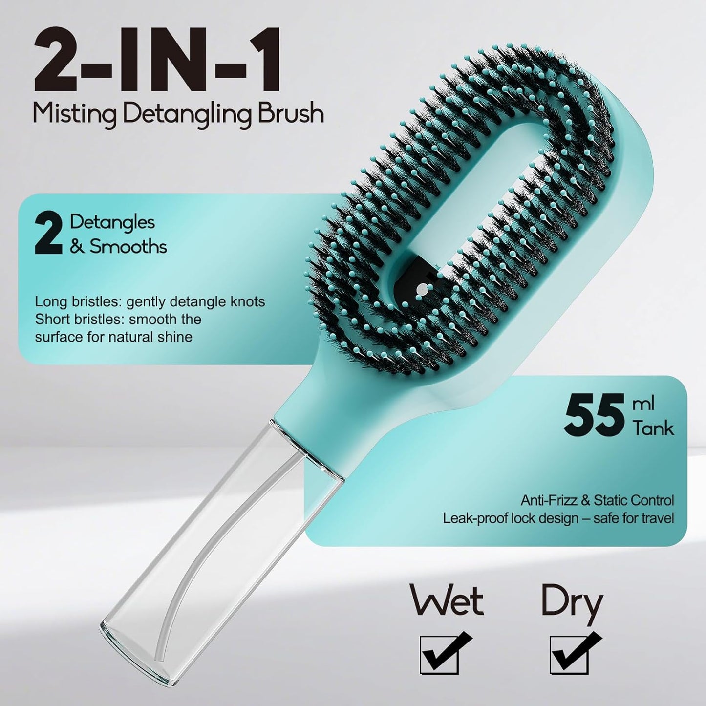 Misting Detangling Hair Brush - 2-in-1 Anti-Frizz & Static Control for Fine, Dry Hair | Aqua Blue