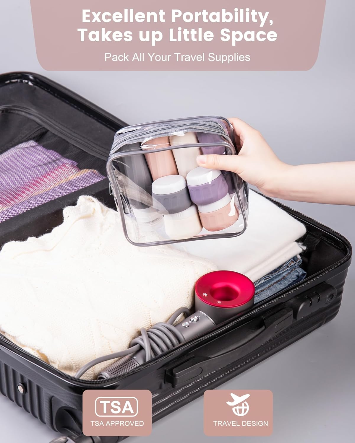 Travel Bottles for Toiletries - TSA Approved 8 Pack | Leak-Proof Silicone Containers with Clear Bag, 3oz