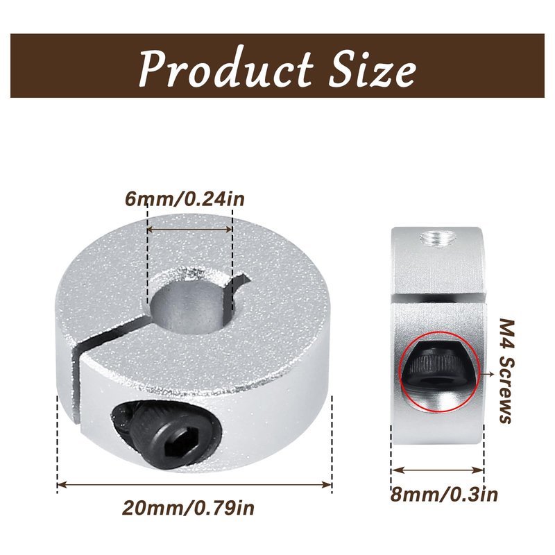 Hordion 4Pcs 6mm Split Shaft Collar, Aluminum One Piece Shaft Locking Collar, 6mm Bore Diameter, 20mm OD, 8mm Thickness, with M4 Screws